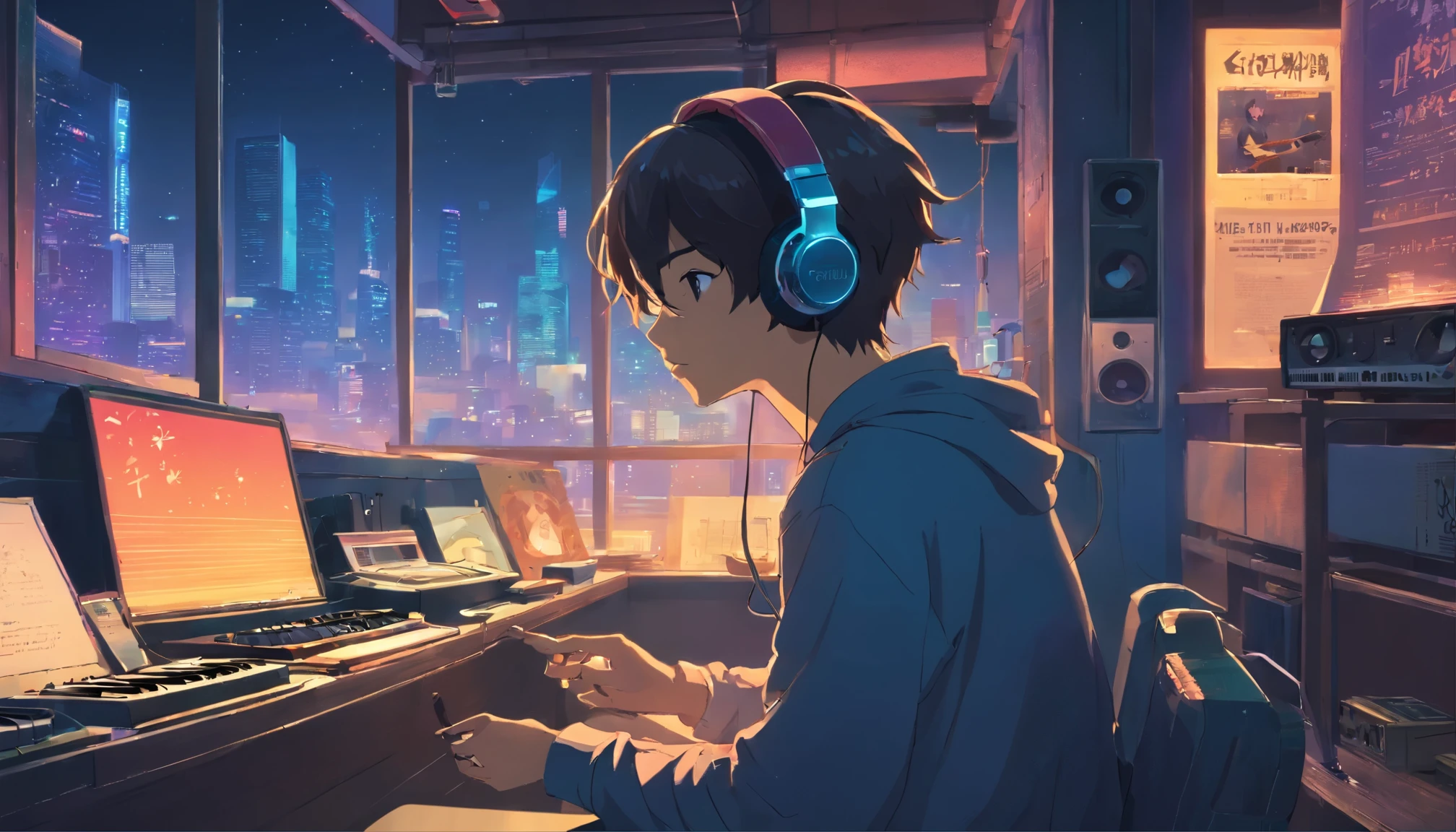 Photo of a man wearing headphones and listening to music, text Why You, Super Detailed, Vintage Wave, Cyberpunk, Sad Atmosphere, Night Scene, One Bedroom, 2D, (shot from a distance) , wide shot, (noise from the film), old cartoon, (many records: 1.3), vinyl record store, (masterpiece, very high quality, very high quality, official art, beautiful and aesthetic: 1.2), (Very Detailed, (Fractal Art: 1.4 ), Guitar, (Notes: 1.4), (Lo-Fi Hip Hop), Side View, Old Anime Texture, Alone, Speaker, Cyberpunk, Vinyl, Night