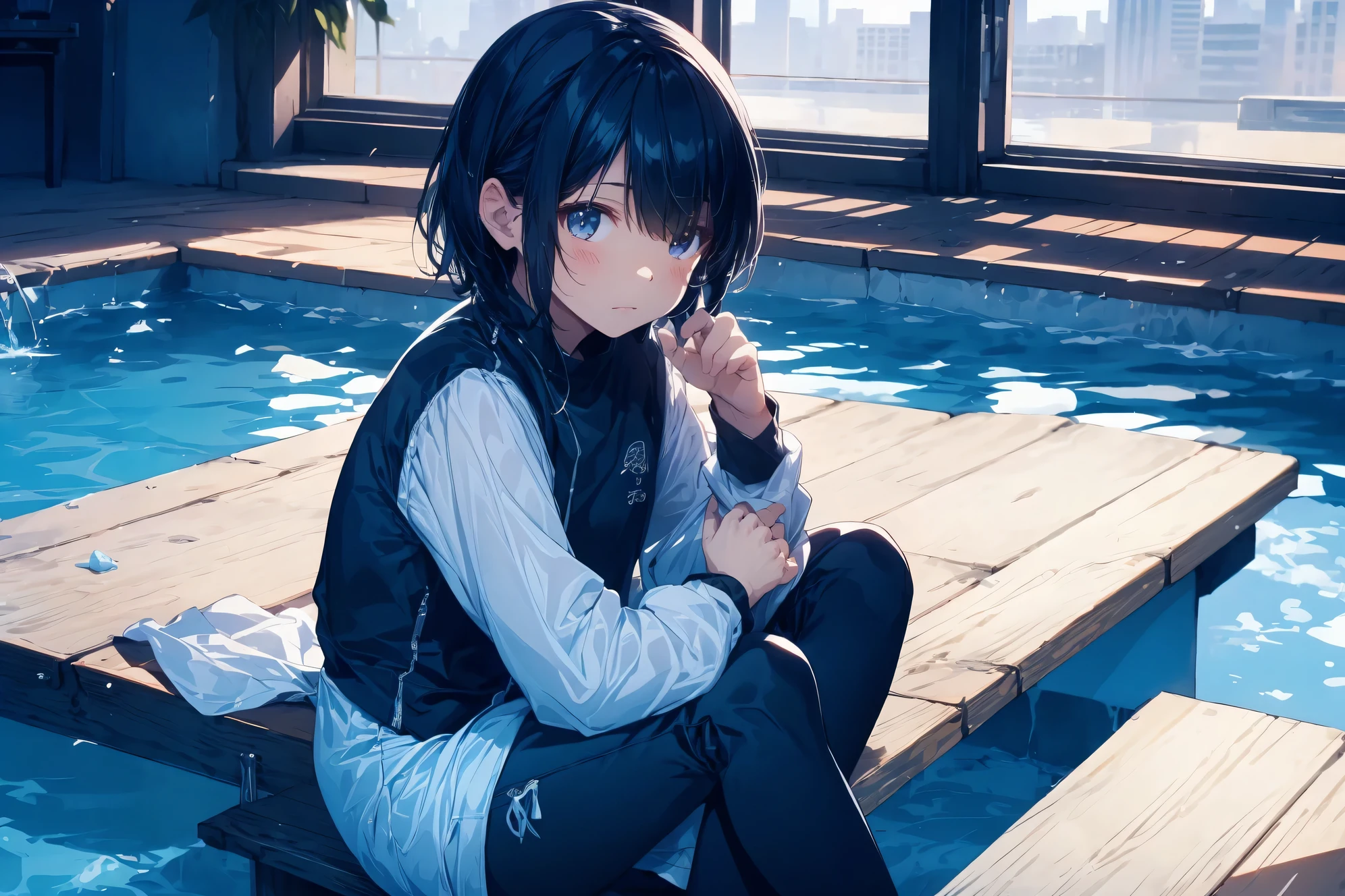 ultra-Top-quality by art God, ultra-detailed, high resolution, shinkai makoto style, anime moe artstyle, best anime 8k konachan wallpaper, pixiv contest winner, perfect anatomy, break,(Please draw a picture of a girl in a swimsuit sitting sleepily on a bench by the poolside alone.),break, a hyperrealistic school girl, (Solo,ta, kid, 13-year-old:1.3),Full limbs, complete fingers, androgynous charm, (very short hair), wet hair, small round chest,slender body, Small butt, groin, Small black eyes,hanme,beautiful detailed eyes, well-proportioned iris and pupils, sleepy eyes, highres detailed hair, swimsuit, wet swimsuit, bare shoulders, thighs, in the school pool. break,super detailed skin, shiny skin, Best lighting powered by famous artist, 8k, illustration,UHD, textured skin,break,((artist:saiguchi_otoufu )), artist:clamp ,artist:carnelian ,artist:kantoku ,