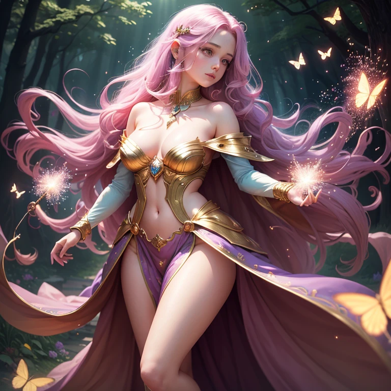 (best quality,4k,8k,highres,masterpiece:1.2),ultra-detailed,(realistic,photorealistic,photo-realistic:1.37),A girl with magical powers,flying,dressed in a flowing and shimmering gown,sparkling eyes,floating golden locks,holding a glowing wand, surrounded by a vibrant and enchanted garden, filled with blooming flowers and lush greenery, butterflies fluttering around her, rays of warm sunlight streaming through the trees creating a soft ethereal glow, a magical aura enveloping her,body covered in shimmering particles, casting a spell, in a dynamic and graceful pose, with a magical creature by her side, casting spells, creating colorful and dazzling fireworks in the sky, a sense of awe and wonder, an otherworldly atmosphere, in the style of anime or fantasy illustrations, with vibrant and saturated colors, a dreamlike color palette, soft pastel tones, creating a sense of magic and fantasy, with a warm and enchanting lighting, highlighting the magical elements and creating a magical ambiance.