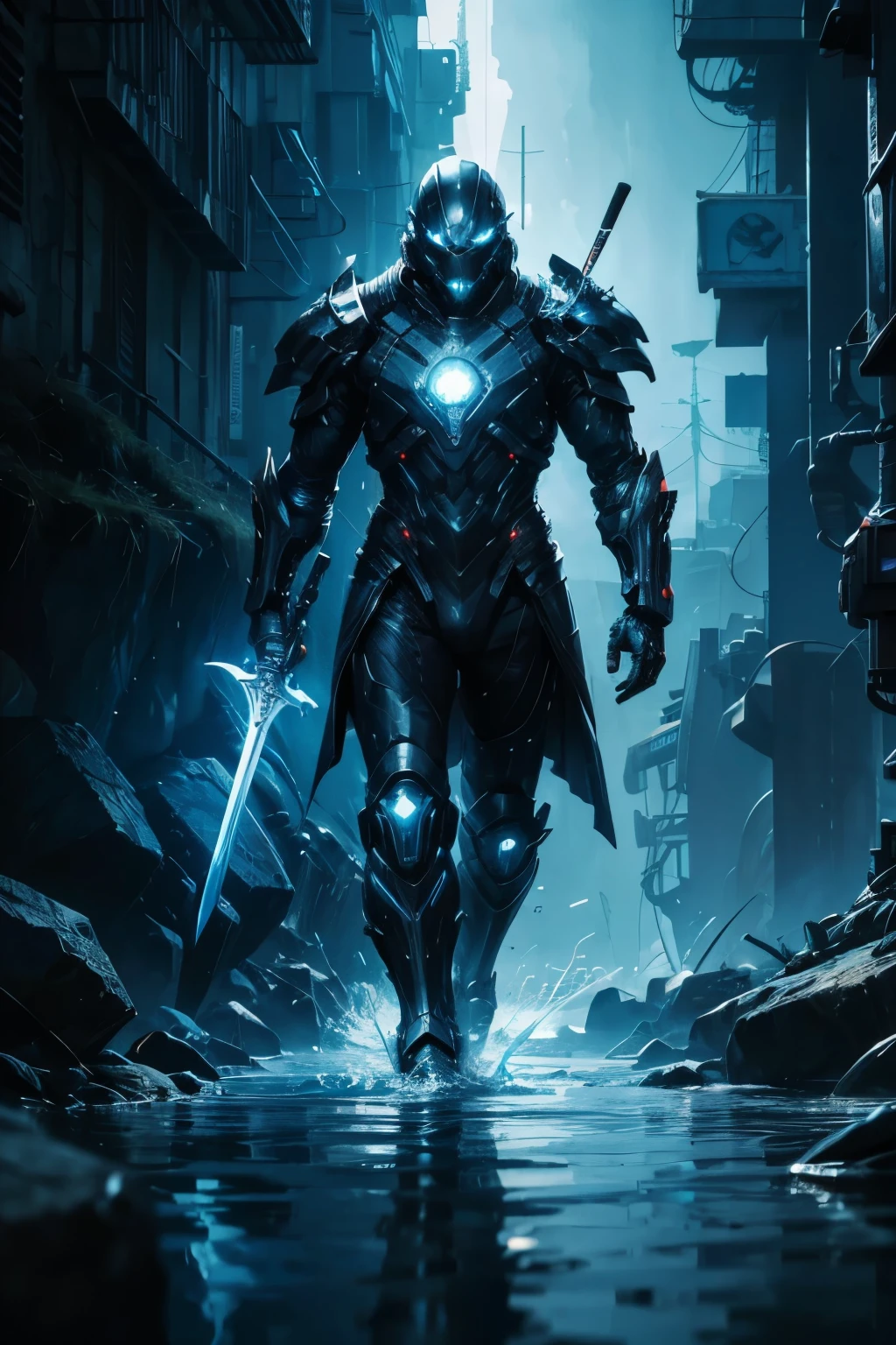 (a cyber warrior walking on water),(best quality,4k,highres:1.2),(ultra-detailed),(realistic:1.37),sci-fi,concept artists,dystopian,vivid colors,glistening surface,dark atmosphere,electric blue lighting,sword,gun,shield,techno armor,powerful stride,dynamic pose,waves,skulls,ominous presence, Make it more dangerous and realistic and very detailed