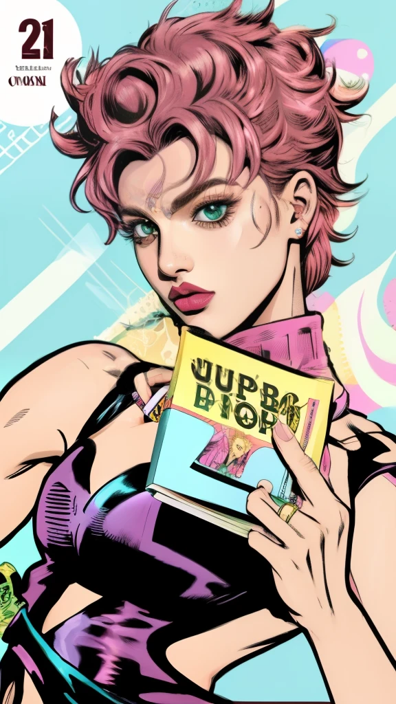 a woman in a pink outfit holding a knife and a comic book, in jojo\'s bizarre adventure, gyro zeppeli, giorno giovanna, hisoka, vaporwave cartoon, monokini, jojo's bizarre adventure, jojo bizarre adventure, jojo anime style, pink iconic character, jojo\'s bizarre adventure, jojo's bizzare adventure, jojo's bizarre adventures