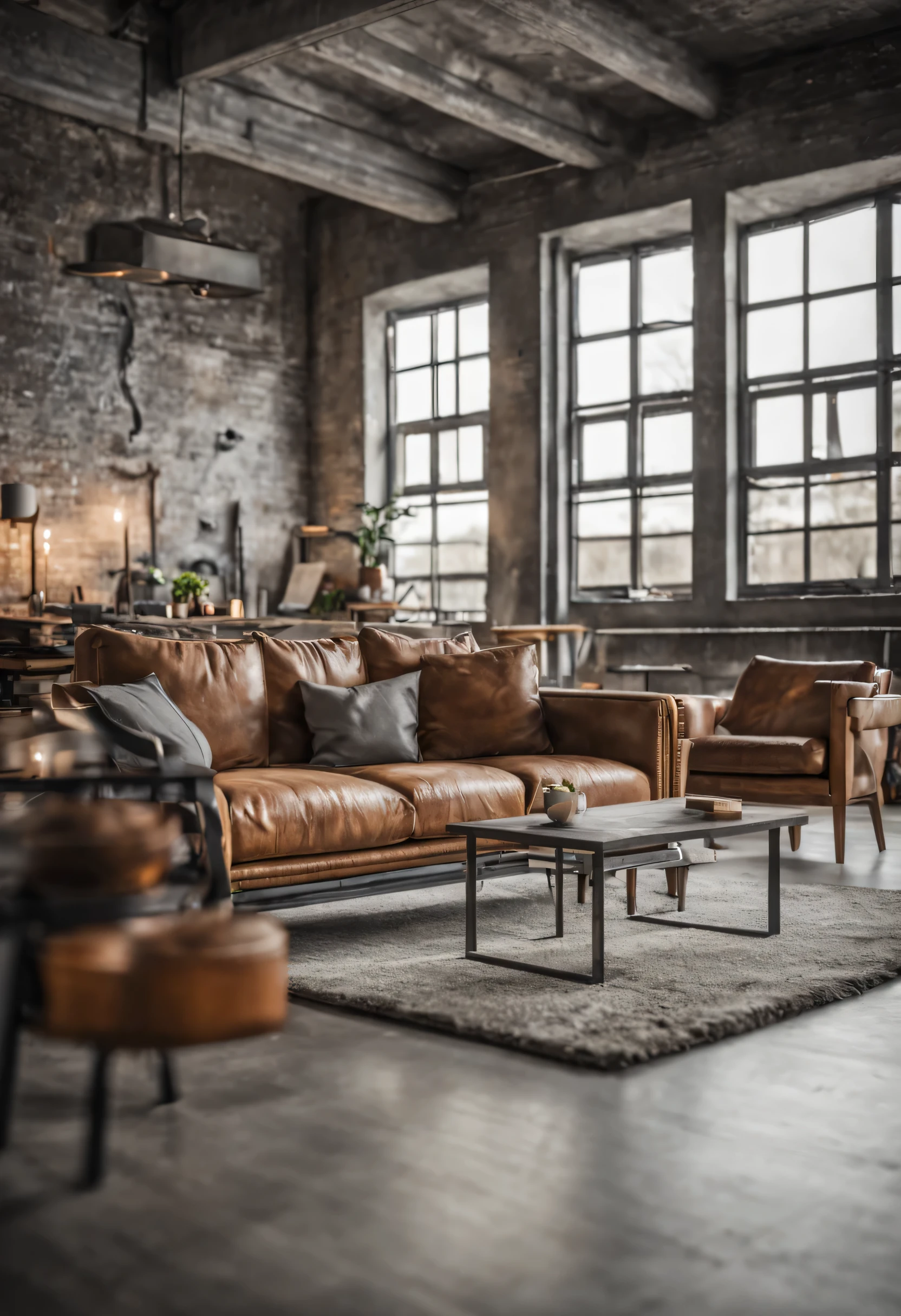 Industrial style living room,16K HD,depth of field,Aperture F4,blurred background perspective,high dynamic range