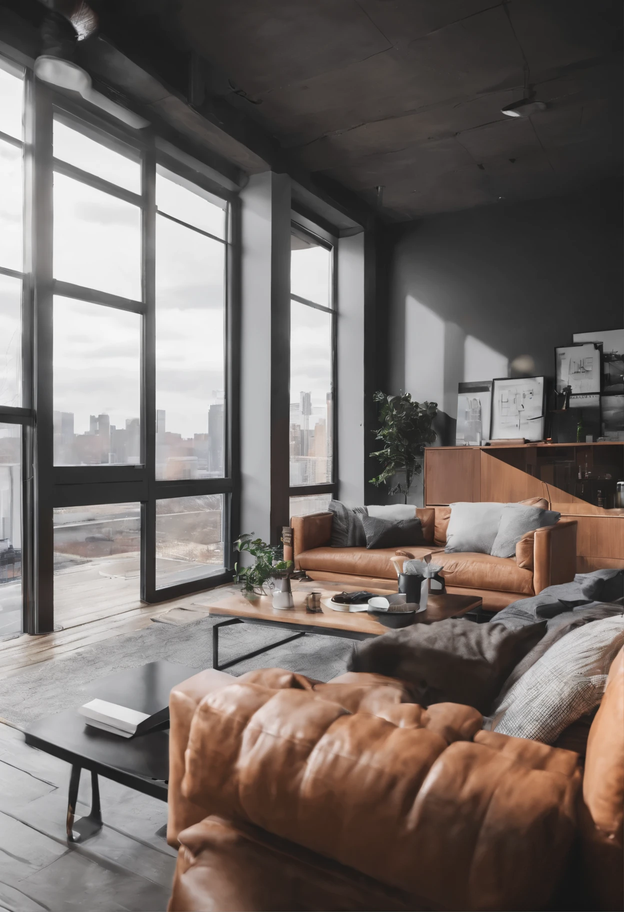 Industrial style living room，16K HD，depth of field，Aperture F4，Blurred background perspective，High dynamic range