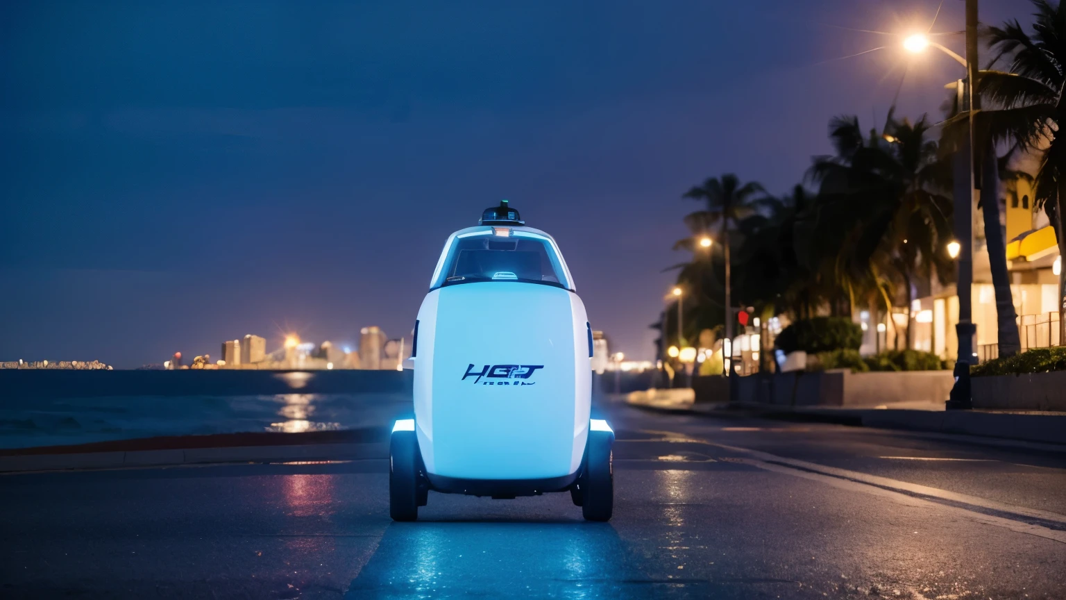 Uma foto 3d, hyper realistic of a futuristic autonomous delivery robot, at night, with blue and pink lighting, standing on Avenida Beira Mar in Fortaleza-ceará-Brazil where you can see the sea in the background, sem logotipos