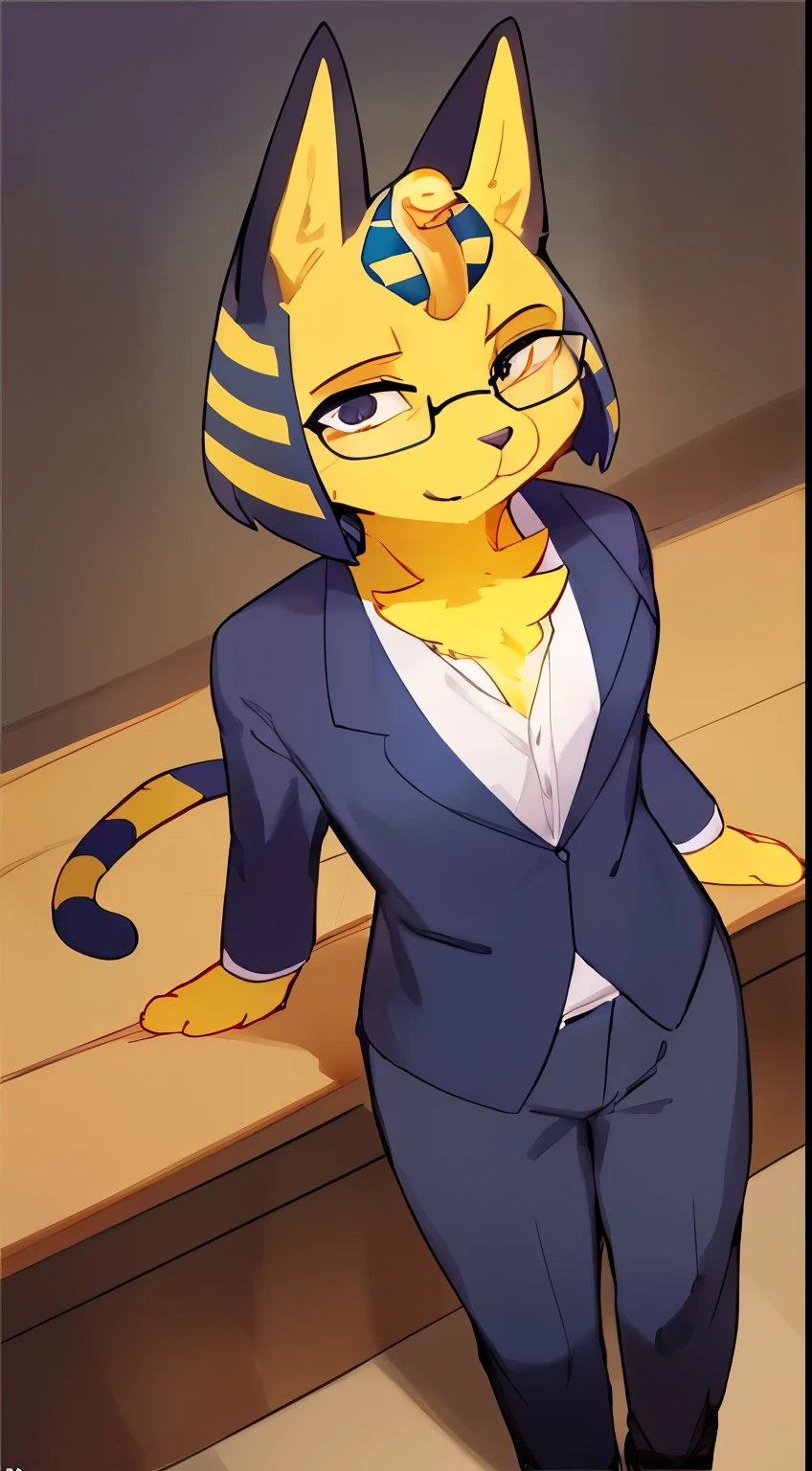 solo, cat, yellow fur, glasses, teacher's suit,tacher, high angle shot,(((by bebebebebe))), female, pants, seat, sweaty,wet clothes, transparent clothes, ankha ,  (flat chest:1.2),(male chest:1.2),thin legs