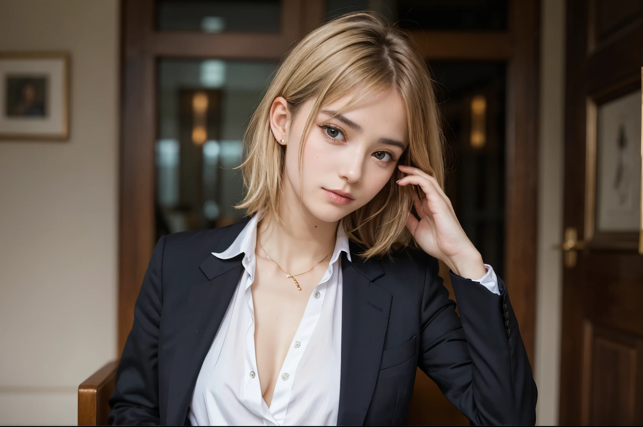 portrait of european girl,alone,20 years,beautiful face,uppser body,hair above one eye,medium side cut, blonde hair, sharp focus,black business suit,