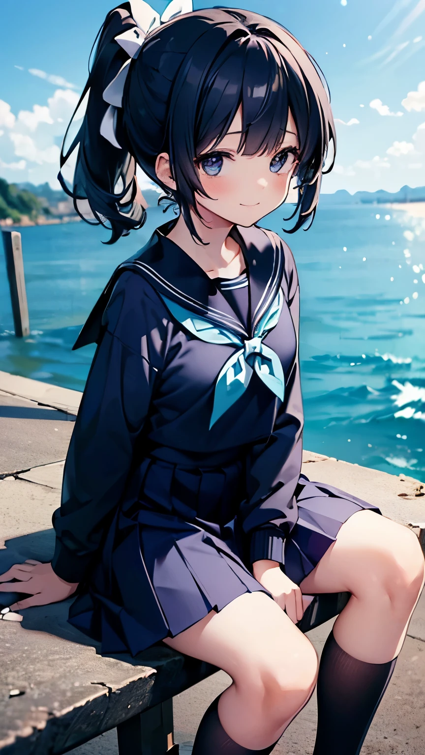 (masterpiece: 1.3), (highest quality:1.4), ultra high resolution, (fine eyes), (detailed facial features), (Detailed features of clothing), HDR, 8K resolution,  navy blue sailor uniform, High school girl in sailor suit, dark blue skirt, anime 2d rendering, smile, black hair, (((navy blue sailor uniform))), black stockings, (((school scenery))), (((small face))), short ponytail, Tie your hair with a white ribbon, 1 rotation pose, Photographed from above the knees, 