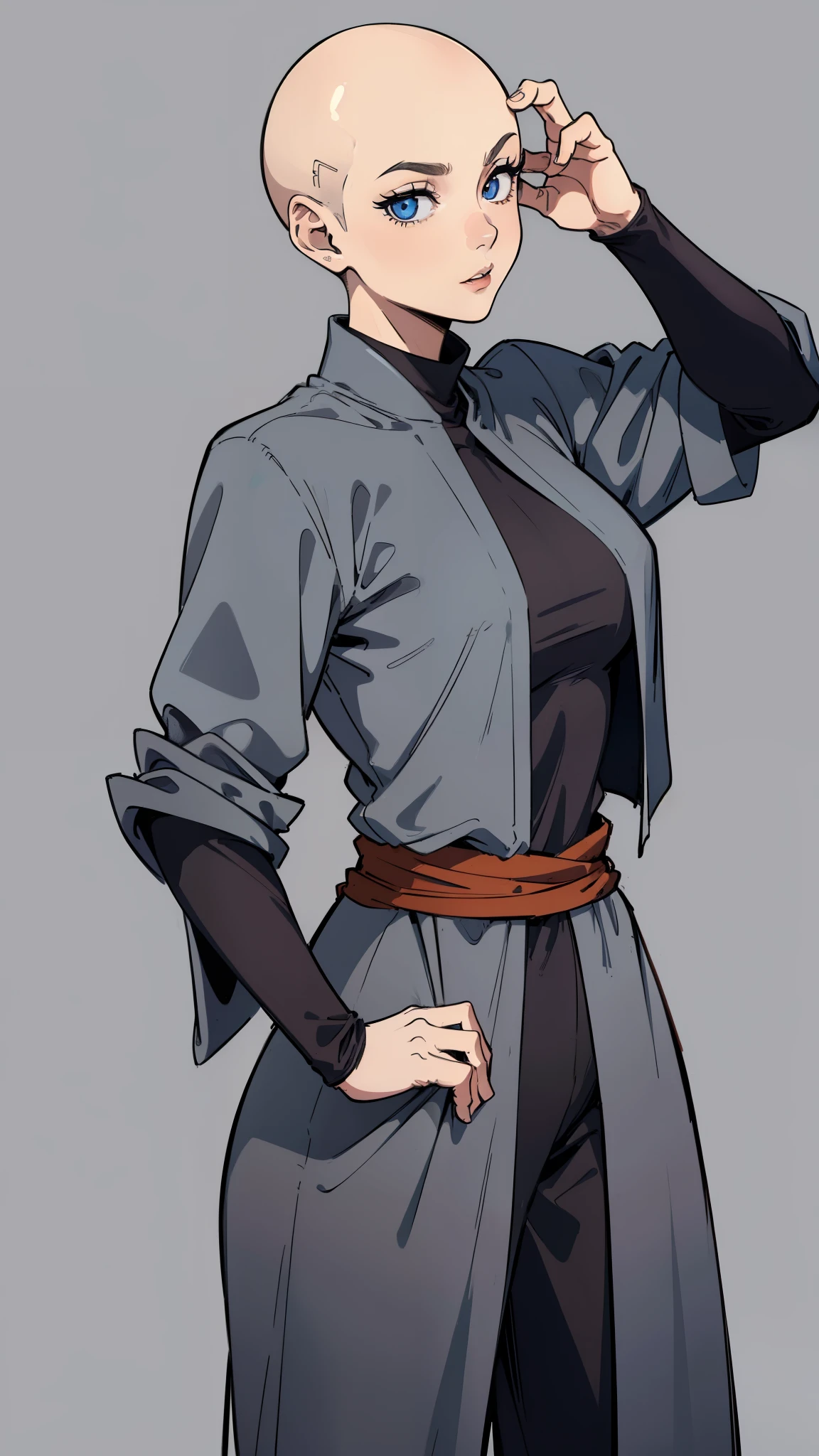 masterpiece, detailed, character, dungeons and dragons character, 1girl, human female, ((human monk, human kung-fu monk)), (human Chi magic), ((bald head, no hair)), handsome face, detailed face, detailed eyes, ((blue glowing eyes)), ((action pose)), (wearing (medieval monk fantasy cloth apparels, (medieval monk suit, medieval monk pants, medieval monk toga), (medieval monk outfit)), ((simple background, grey color background))