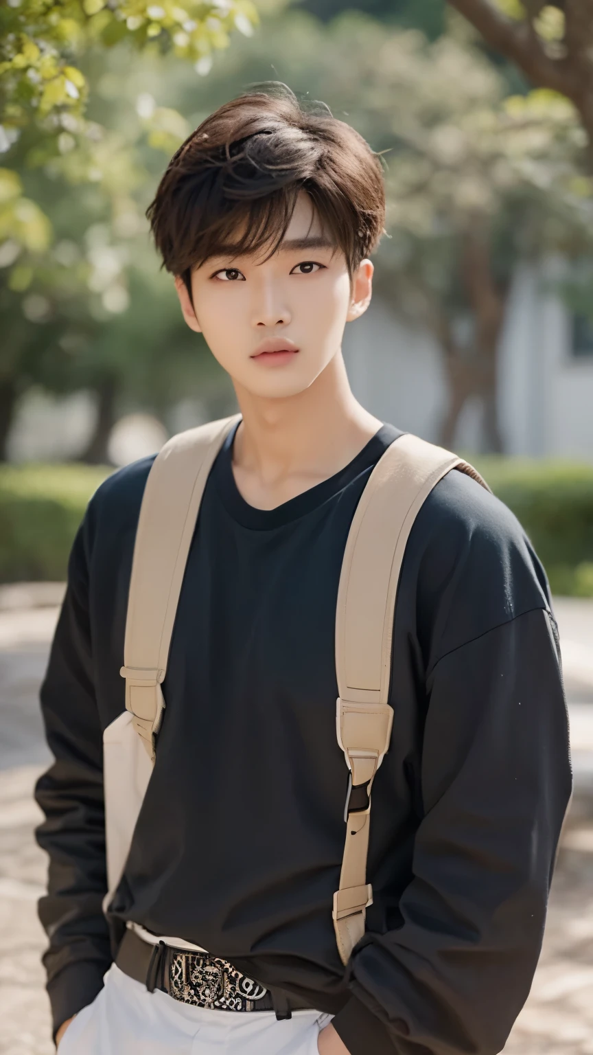 An african Asian man standing in the park with a backpack on his back, Shin Jin Young, Cai Xukun, inspired by Zhang Han, Kim Do-young, Inspired by Bian Shoumin, male ulzzang, young one angel, Yanjun Cento, portrait shot, Shin Jin Young aesthetic, Kim Tae Joon, extremely handsome, That's a cute Korean face, closeup portrait shot