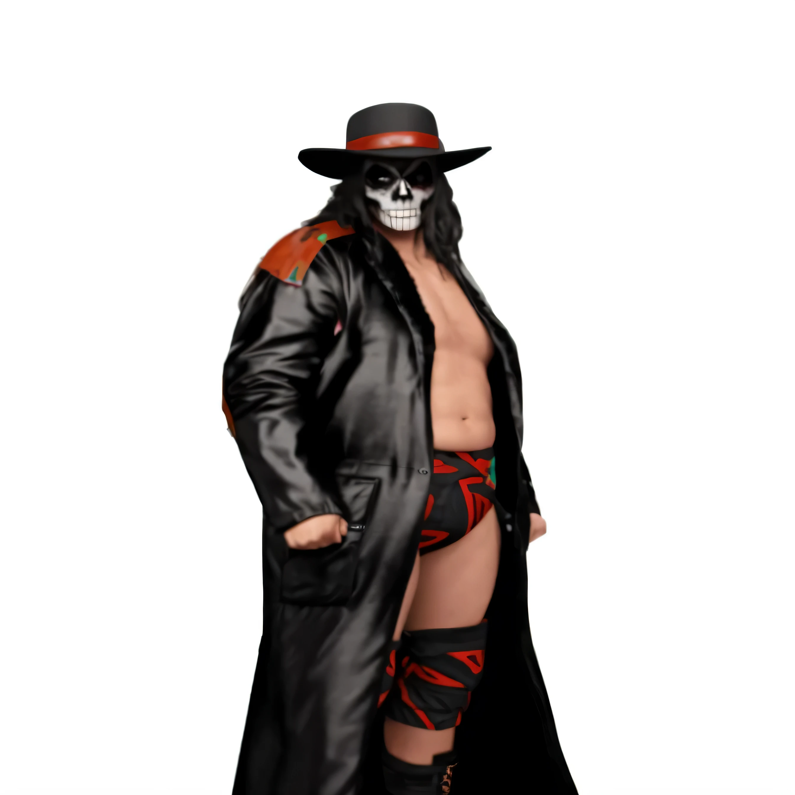 a close up of a man in a black coat and hat, full body black and red longcoat, skull face paint