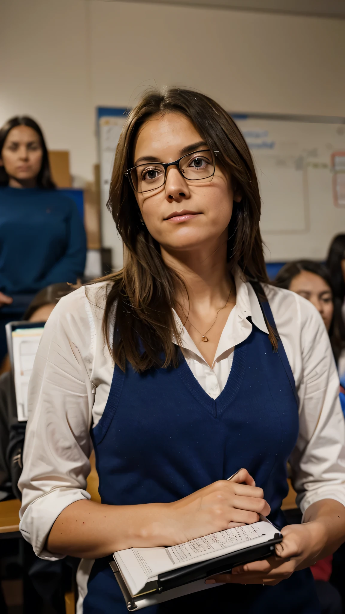 Teacher watching the debate with a thoughtful expression, perhaps making notes on a clipboard.