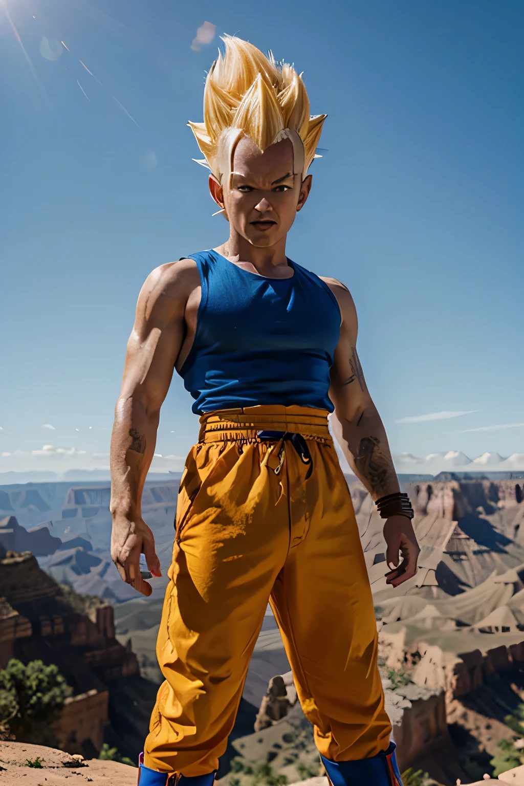 cartoon swap reality image of a gohan hangry in blue and white, hyper realistic,nikkon 850 quality,marvel film style,vegeta, prince vegeta, with vegeta head hair, character dragonball, saiyan armor, by Akira Toriyama, dragon ball concept art, going super saiyan, official art, super saiyan, dbz, dragon ball artstyle, dragonball z, dragonball, leaked image, grand canyon back ground,