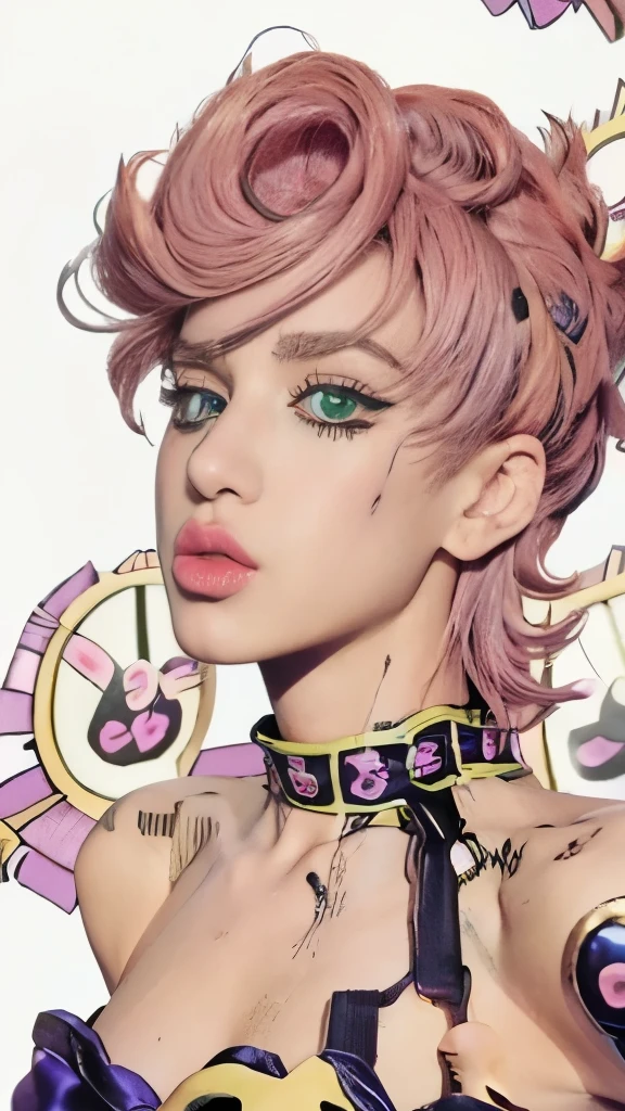 a cartoon girl with pink hair and a pink collar, jojo anime style, giorno giovanna, in jojo\'s bizarre adventure, 8 0 s anime art style, portrait knights of zodiac girl, decora inspired illustrations, in the art style of 8 0 s anime, lisa frank & sho murase, knights of zodiac girl, gyro zeppeli, jojo style