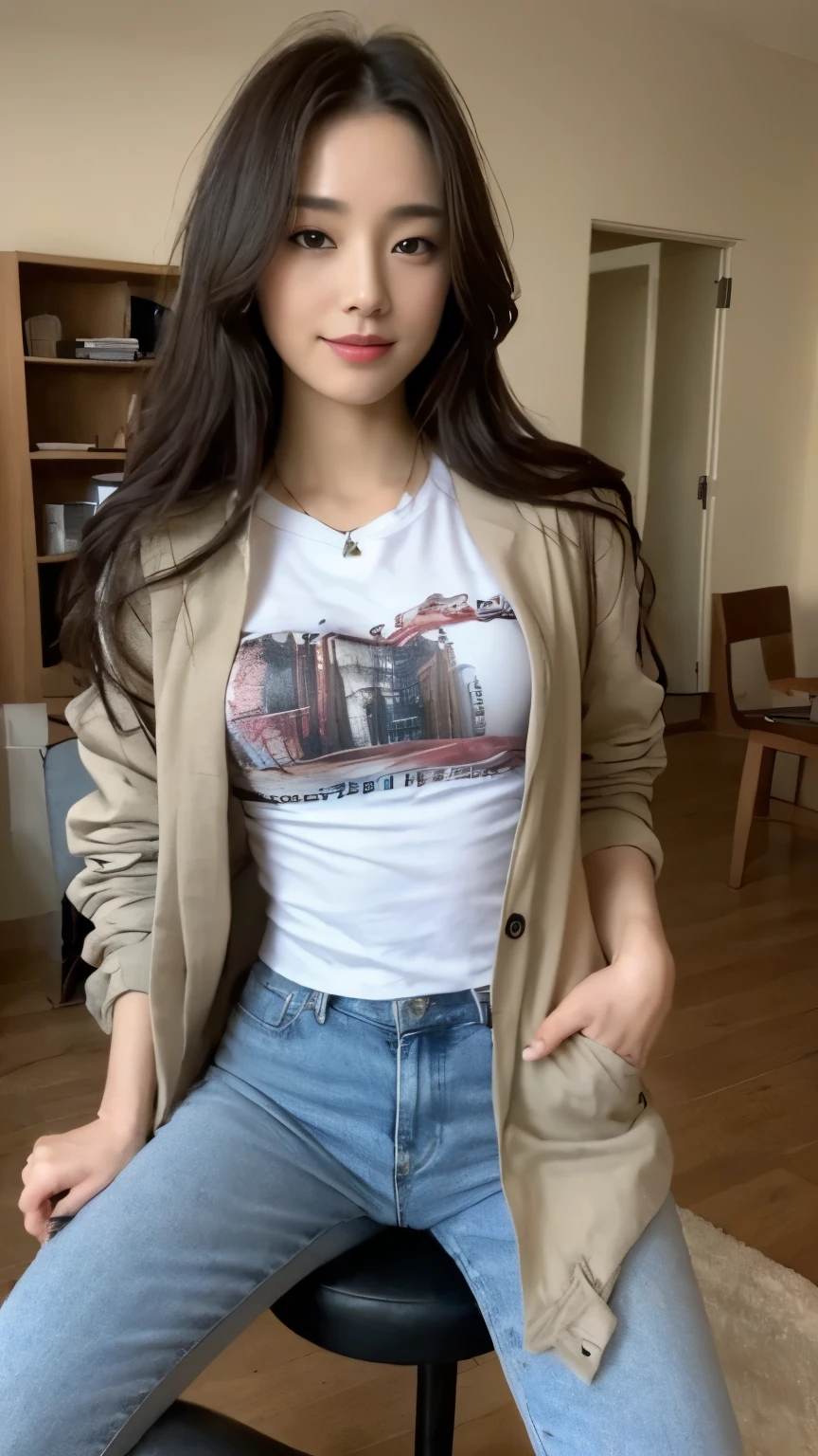 ((top-quality、8k、masterpiece:1.3))、Beautiful woman with perfect body:1.4、slim abdomen:1.2、Longhair, normal breast, Highly detailed facial and skin texture, A detailed eye, delicate eyes, (smile), (full body shot), ((computer room)), (sitting on chair), (((wearing t-shirt with jacket))), looking in front