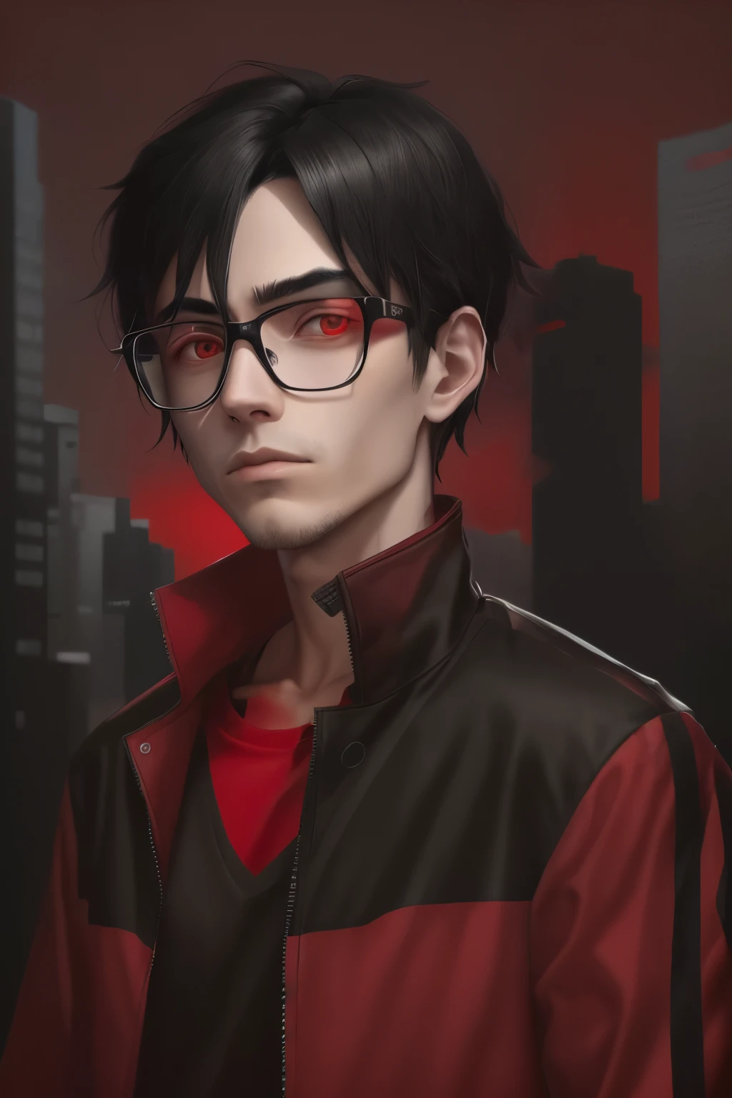 Male person , has black hair . Wearing a red and black jacket with black tshirt .