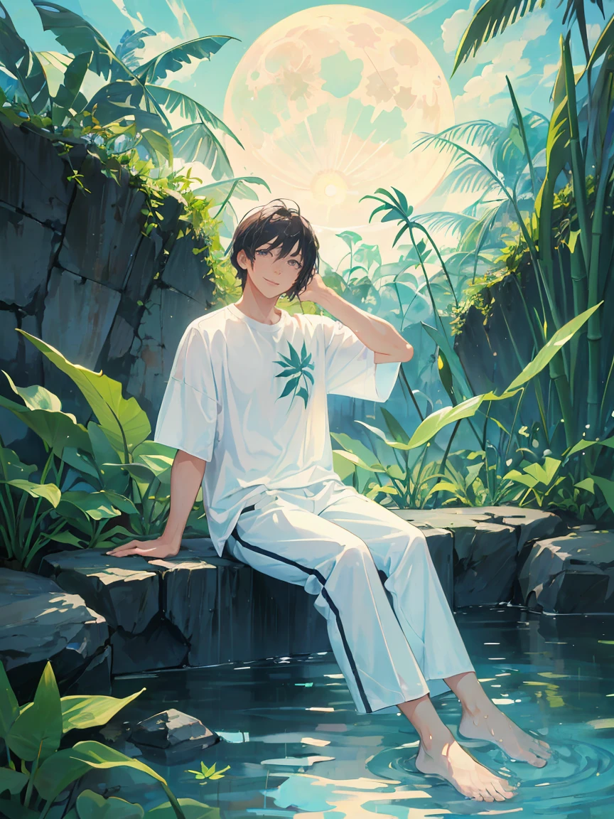 ((masterpiece,best quality)), 1 male, adult, handsome,full_moon, leaf, moon, plant, potted_plant, bamboo, 1guy, handsome man, palm_tree, butterfly, bug, water, tanabata, branch, barefoot, night sky, lily_pad, tanzaku, soaking_feet, vines, solo, outdoors, tree, very short black hair, wet, flower, smile, ivy, green_eyes, pants, lily_of_the_valley, sky, looking_at_viewer, palm_leaf, casual clothes, ((masterpiece,best quality)), beautiful detailed eyes, beautiful detailed face. white shirt, white pants