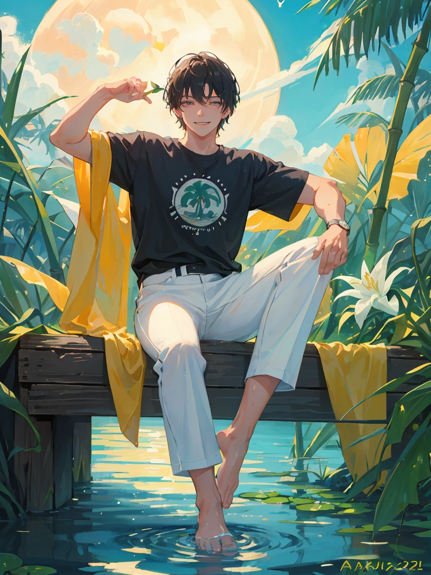 ((masterpiece,best quality)), 1 male, adult, handsome,full_moon, leaf, moon, plant, potted_plant, bamboo, 1guy, handsome man, palm_tree, butterfly, bug, water, tanabata, branch, barefoot, night sky, lily_pad, tanzaku, soaking_feet, vines, solo, outdoors, tree, very short black hair, wet, flower, smile, ivy, green_eyes, pants, lily_of_the_valley, sky, looking_at_viewer, palm_leaf, casual clothes, ((masterpiece,best quality)), beautiful detailed eyes, beautiful detailed face. white shirt, white pants