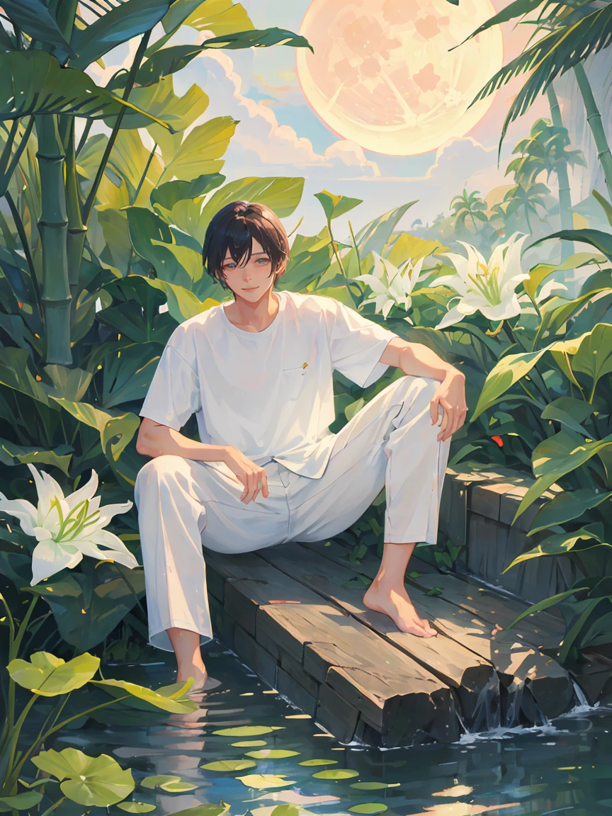 ((masterpiece,best quality)), 1 male, adult, handsome,full_moon, leaf, moon, plant, potted_plant, bamboo, 1guy, handsome man, palm_tree, butterfly, bug, water, tanabata, branch, barefoot, night sky, lily_pad, tanzaku, soaking_feet, vines, solo, outdoors, tree, very short black hair, wet, flower, smile, ivy, green_eyes, pants, lily_of_the_valley, sky, looking_at_viewer, palm_leaf, casual clothes, ((masterpiece,best quality)), beautiful detailed eyes, beautiful detailed face. white shirt, white pants

