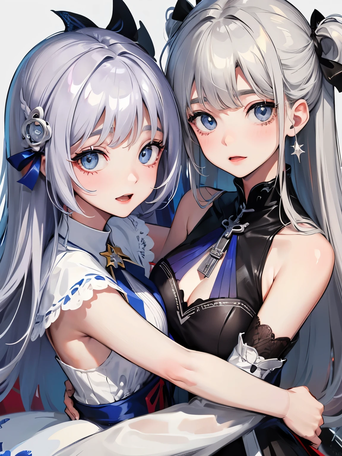 ，A short silver-white shoulder-length hair，blue color eyes，Silver-haired li in a black off-the-shoulder slip dress，face expressionless，Cute and cute