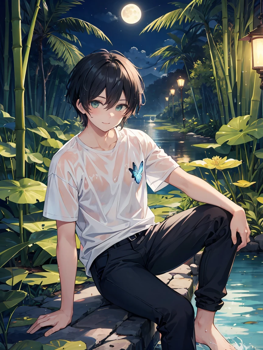 ((masterpiece,best quality)), 1 male, adult, handsome,full_moon, leaf, moon, plant, potted_plant, bamboo, 1guy, handsome man, palm_tree, butterfly, bug, water, tanabata, branch, barefoot, night, lily_pad, tanzaku, soaking_feet, vines, solo, outdoors, tree, very short black hair, wet, flower, smile, ivy, green_eyes, pants, lily_of_the_valley, sky, looking_at_viewer, palm_leaf, casual clothes, ((masterpiece,best quality)), beautiful detailed eyes, beautiful detailed face