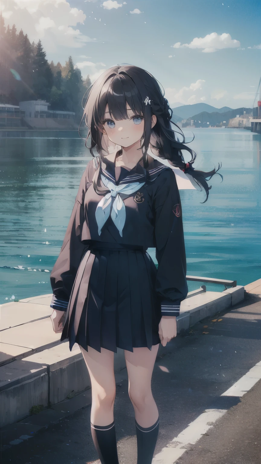 (masterpiece: 1.3), (highest quality:1.4), ultra high resolution, (fine eyes), (detailed facial features), (Detailed features of clothing), HDR, 8K resolution,  navy blue sailor uniform, High school girl in sailor suit, dark blue skirt, anime 2d rendering, smile, black hair, (((navy blue sailor uniform))), black stockings, (((school scenery))), (((small face))), braid hair, Tie your hair with a white ribbon, 1 rotation pose, Photographed from above the knees, 