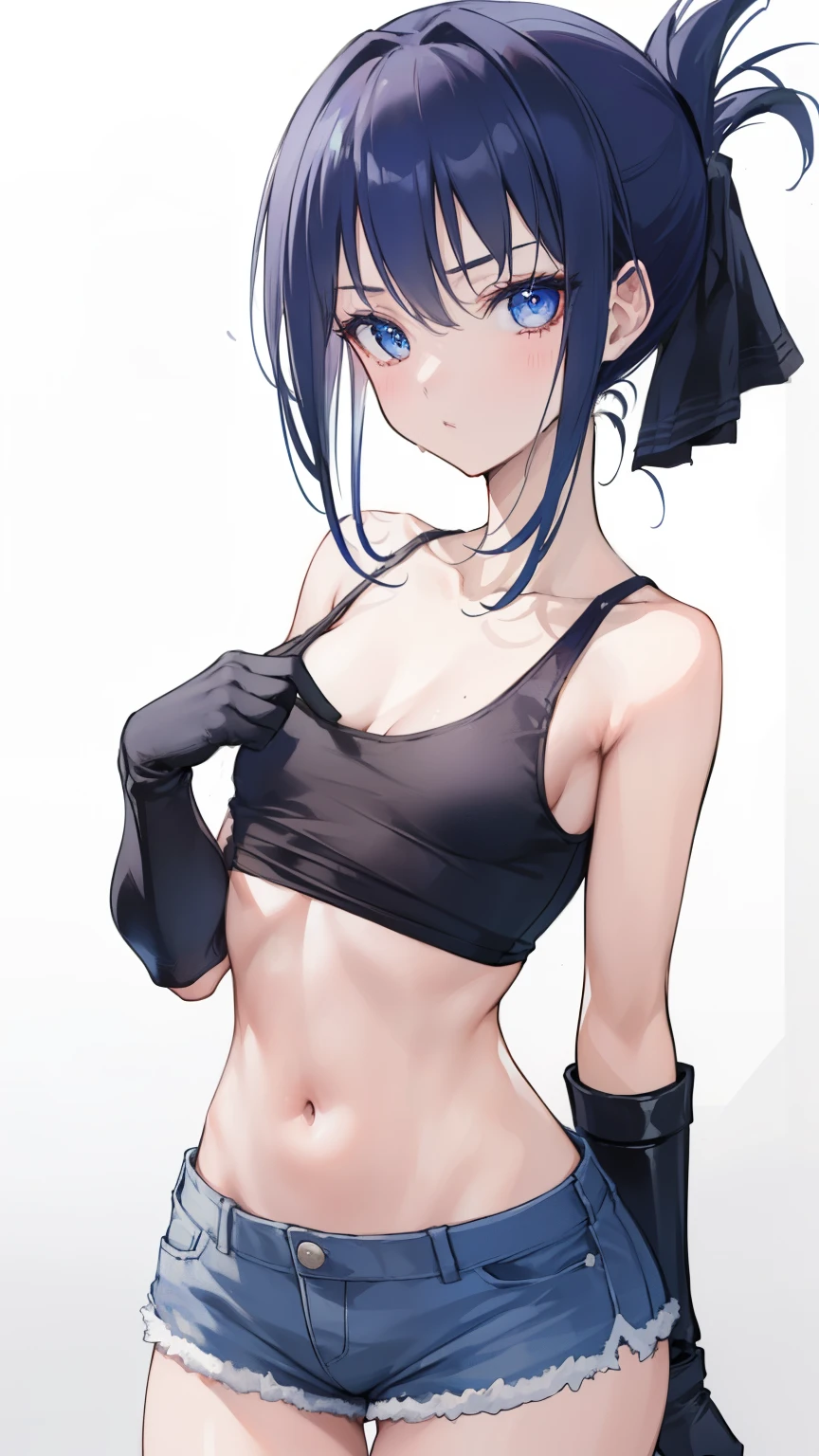 (masterpiece), ((highest quality)), (Super detailed), (perfect body), (((1 girl)), dark blue hair, short hair,ponytail, dark blue eyes, (((Elegant b hroom)), Naked bでh towel, Medium chest, W de er drople, bare shoulders, clavicle, thighs, blush, Wet: 1.1, perfect hands,Rich details, perfect image quality,toned body,Tank top,shorts,glove,hunter