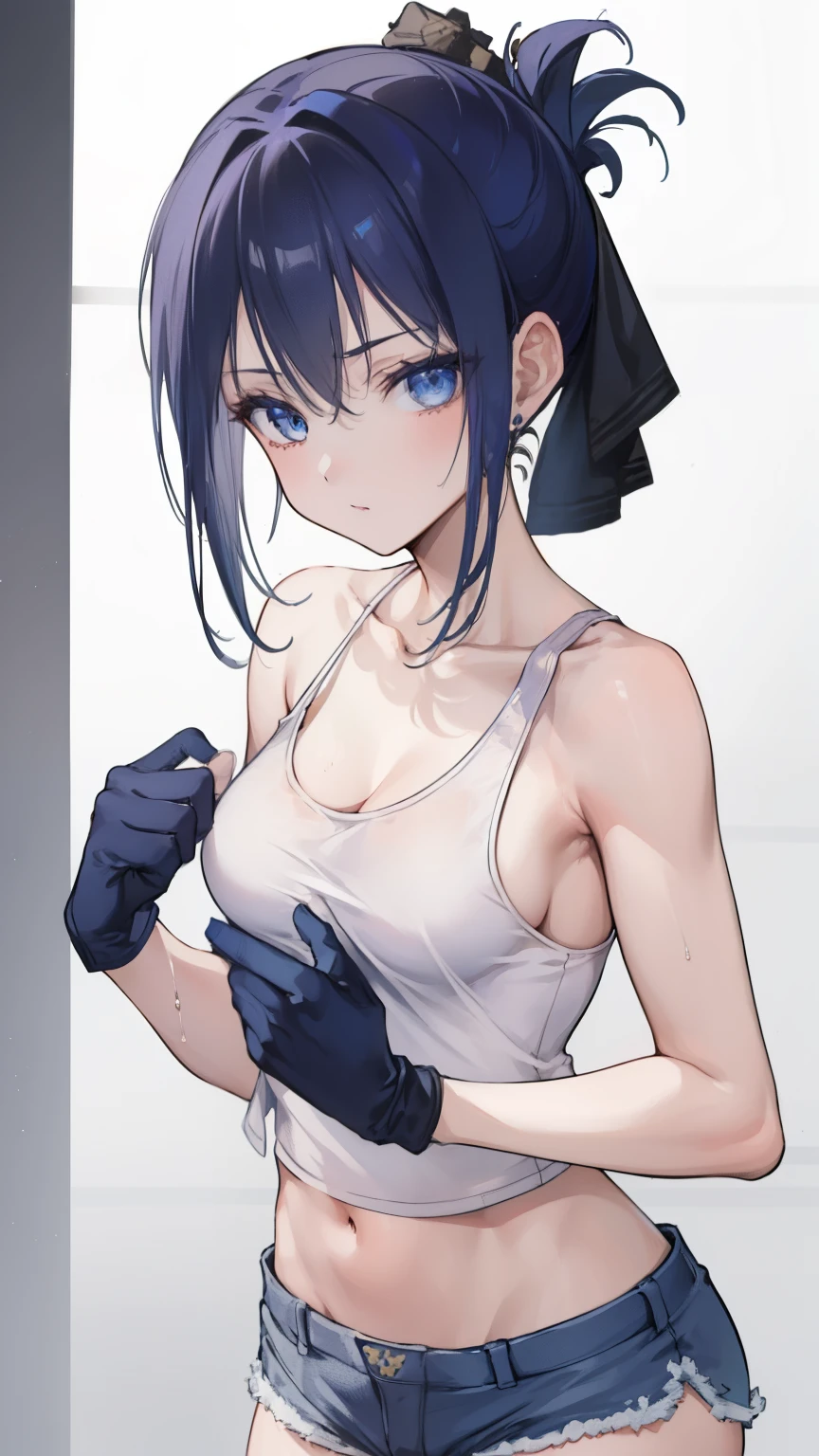 (masterpiece), ((highest quality)), (Super detailed), (perfect body), (((1 girl)), dark blue hair, short hair,ponytail, dark blue eyes, (((Elegant b hroom)), Naked bでh towel, Medium chest, W de er drople, bare shoulders, clavicle, thighs, blush, Wet: 1.1, perfect hands,Rich details, perfect image quality,toned body,Tank top,shorts,glove,hunter