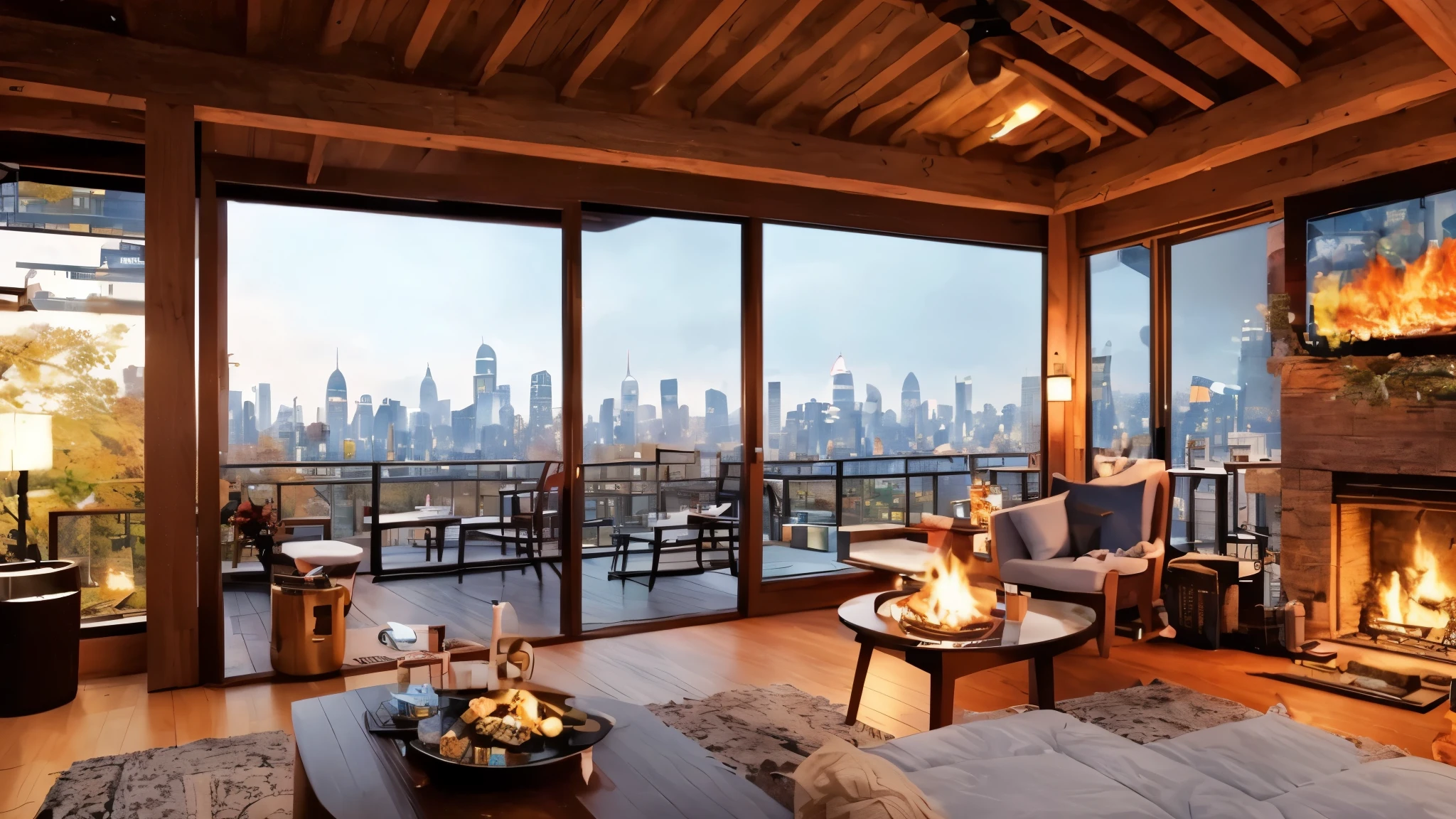 arafed living room with a fireplace and a view of the city, set in tokyo rooftop, rooftop romantic, cozy atmosphere, penthouse, pleasant cozy atmosphere, shanghai, sha xi, cozy setting, cosy atmosphere, cosy, amazing!, comfy ambience, gorgeous, luxurious wooden cottage, luxurious environment, cozy and peaceful atmosphere, expressive, fiery,Only one place on fire,
