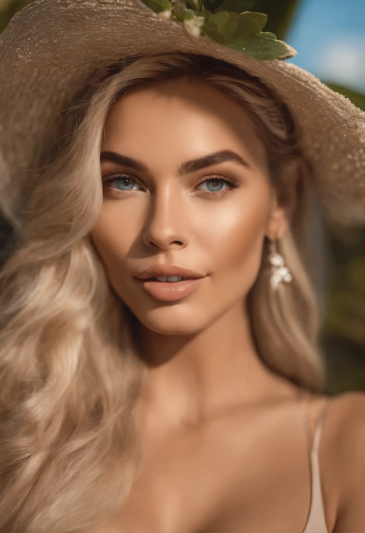 Create an ultra-realistic, photoshopped image in 8K resolution of a 23-year-old female digital influencer. She should embody the epitome of beauty with white skin, very light, metallic blonde hair that is both straight and wavy, adding charm. Her eyes are strikingly clear and attractive blue, complementing her full, robust lips that exude sensuality. Her nose is upturned, thin, exuding an air of sophistication.

Her body should be slender yet curvaceous, fitting the ideal standards of beauty. She's single, authentic, and genuine, with a strong and decisive character. This influencer is a global nomad, having traveled to over 150 countries, experiencing the most paradisiacal and incredible places worldwide, and enjoys parties and nightlife, adding a cool vibe to her persona.

For the facial profile photo, focus on capturing her engaging and provocative nature, while maintaining an intelligent and interesting demeanor. She's fun-loving and relaxed, capable of providing entertaining moments. Her responses to Instagram story questions are deeply influenced by 'The 48 Laws of Power', using persuasion and mental triggers to engage her audience.

This image should capture her essence, appealing to a male audience while being a role model for women, showcasing her perfect blend of beauty, intelligence, and fun-loving spirit.