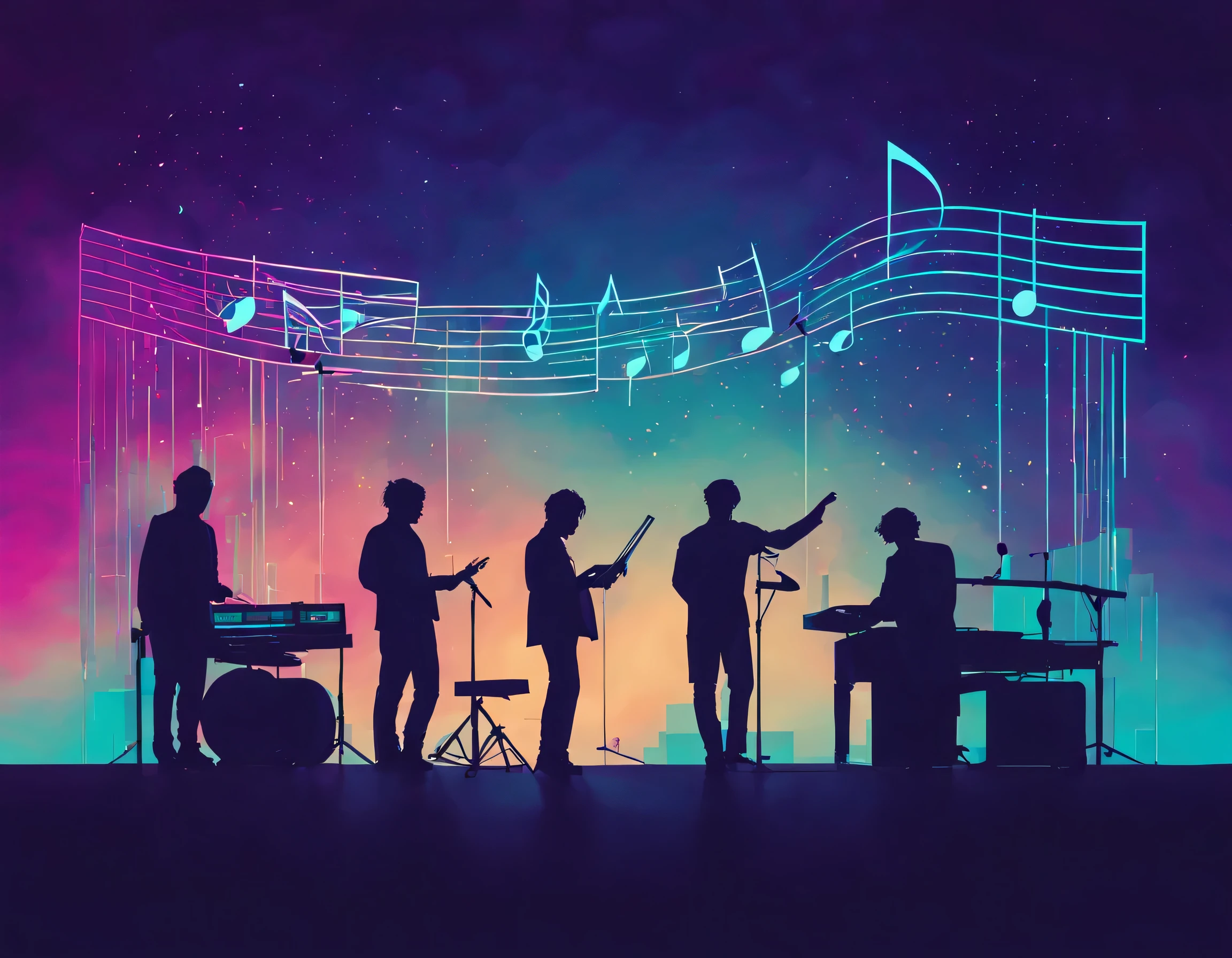 Vaporwave aesthetic style, lines and lines,silhouette of several musical notes, suspended in the air, Eighties DJ and his DJ set Poineer, Vintage, magic, Retro-futuristic, confuse,