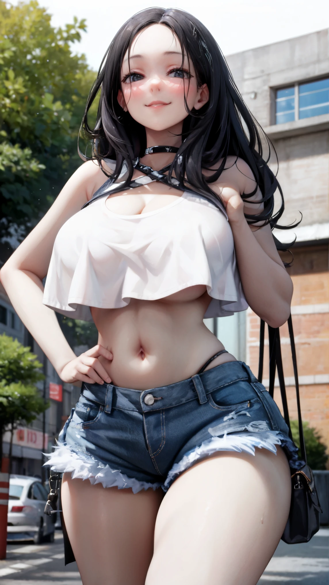 sagging breasts,mature female,smile,huge breasts, gigantic breasts,long breasts, (((face focus))),cowboy shot,solo,seductive smile,jean shorts,Tank top, lower breasts,forehead,bare forehead,black hair, buildings, trees,