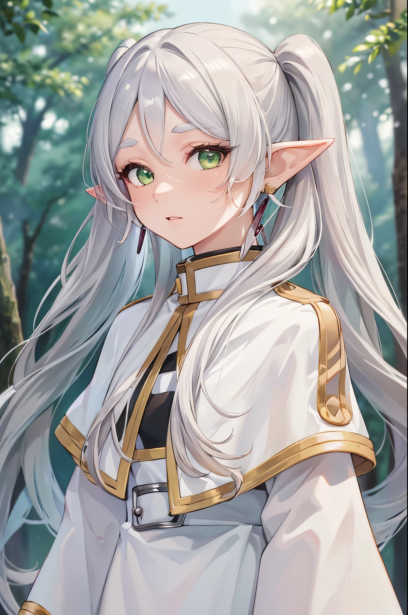 ((masterpiece)), (highest quality), High resolution, Super detailed, confused,
 freeze, 1 girl, earrings, long hair, pointy ears, one person々in, twin tails, green eyes, earrings, gray hair, looking at the viewer, capelet, white capelet, white sleeves, long sleeve, Are standing, Upper body, 
 forest background