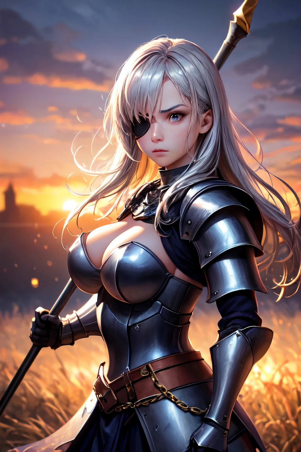 ((highest quality)), ((masterpiece)), (be familiar with), perfect face, (masterpiece), (very complicated:1.3), (realistic), (Game illustration style)Very beautiful girl, the most beautiful in the world, (medieval armor), metal reflection, Upper body, outdoor, serious expression,like a knight,front,big breasts,sharp focus, dramatic, Awards, cinematic lighting, Octane Rendering Unreal Engine, Volumetric DTX, (film grain, blurred background, blurred foreground, Bokeh, Depth of bounds written, sunset, motion blur:1.3), chain mail、Holds a halberd with a huge blade in both hands.、Eye patch over left eye、medium long silver hair,waving a weapon,Attack Motion,Feeling of sprinting,action