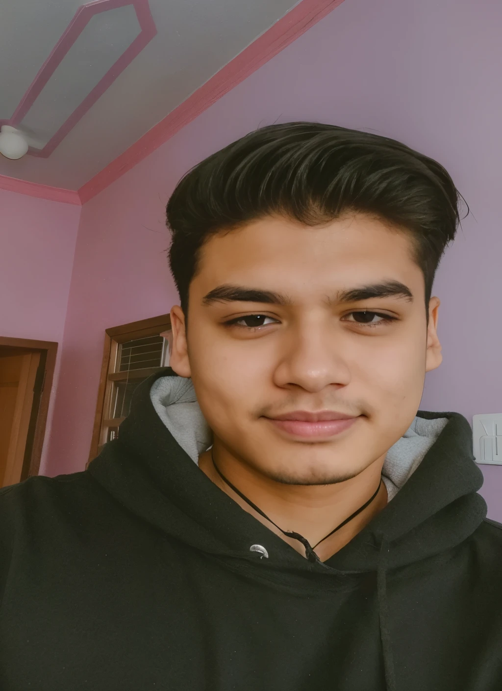 there is a man with a black hoodie and a black necklace, around 1 , 18 years old, with accurate face, without beard, 1 6 years old good looking face, facebook profile picture, 2 2 years old, harsh gooace, handsome face, 21 years old, 1 9 year old, clean shaven face