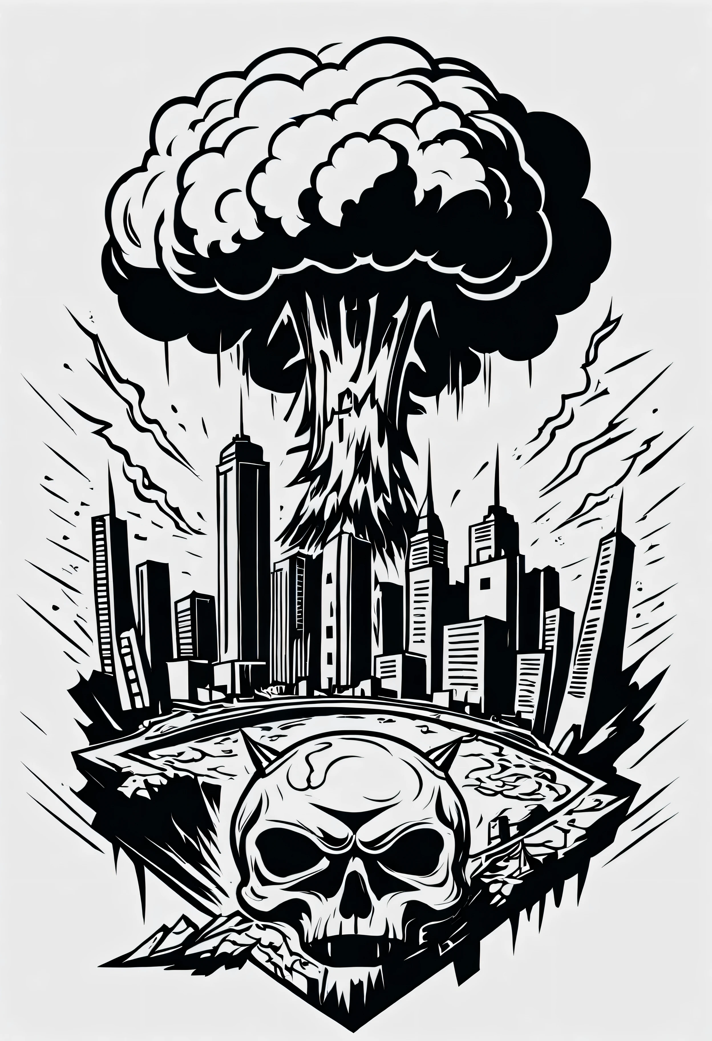 line art drawing Tattoo artwork the end of the world, burning destroyed city after nuclear blast . professional, sleek, modern, minimalist, graphic, line art, vector graphics