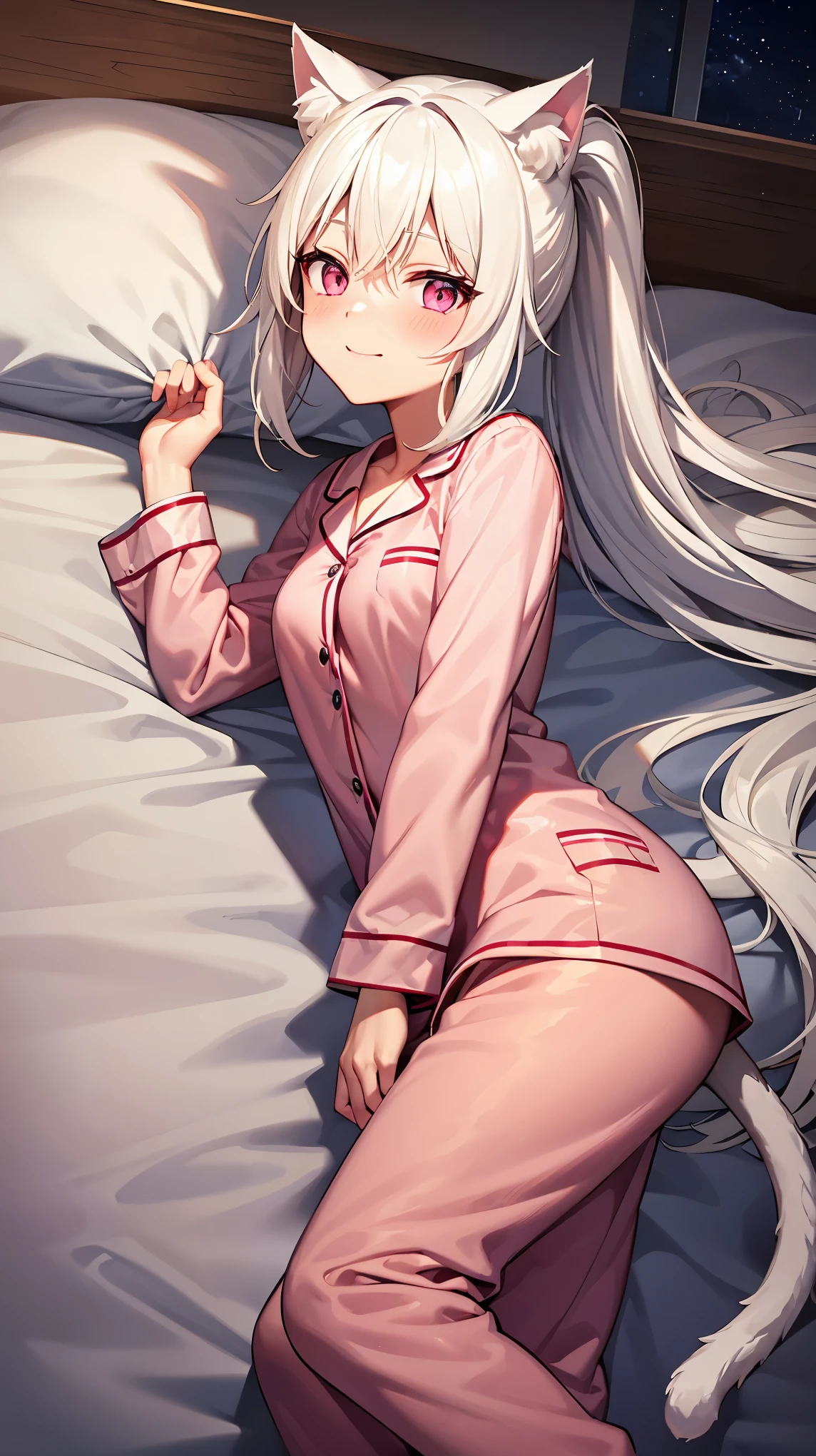 , cat tail, cat ears, white hair, long hair, ponytail, pink eyes, pajamas, bedroom, bed, night, lying on the bed, hold her sides, blush, giggling