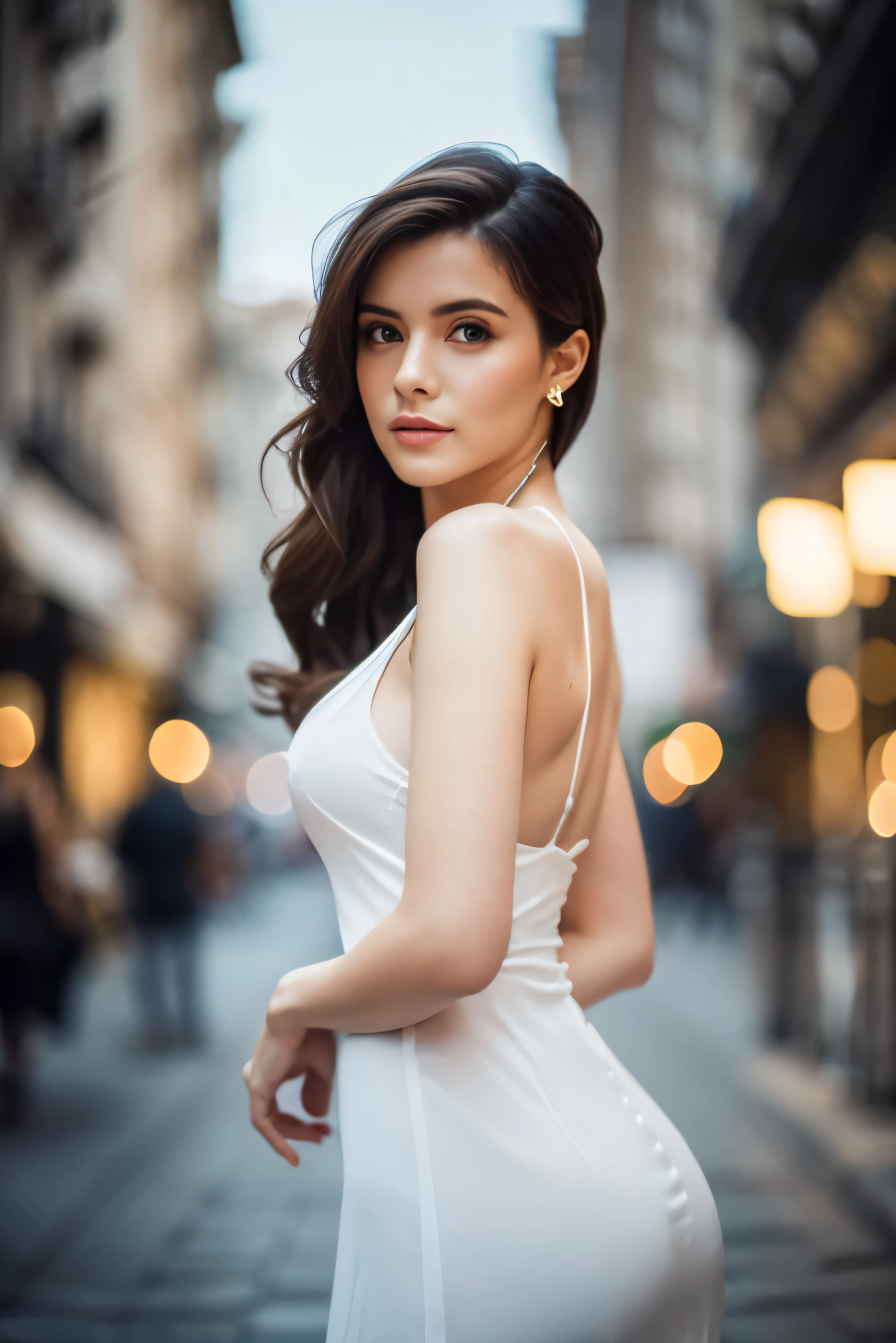 ((Full-Length Shot)),cinematic photo (best quality, high quality, sharp focus:1.4), european beautiful woman, model face, slim, breasts, best quality, realistic ,masterpiece, bokeh, 4k , white dress . 35mm photograph, film, bokeh, professional, 4k, highly detailed