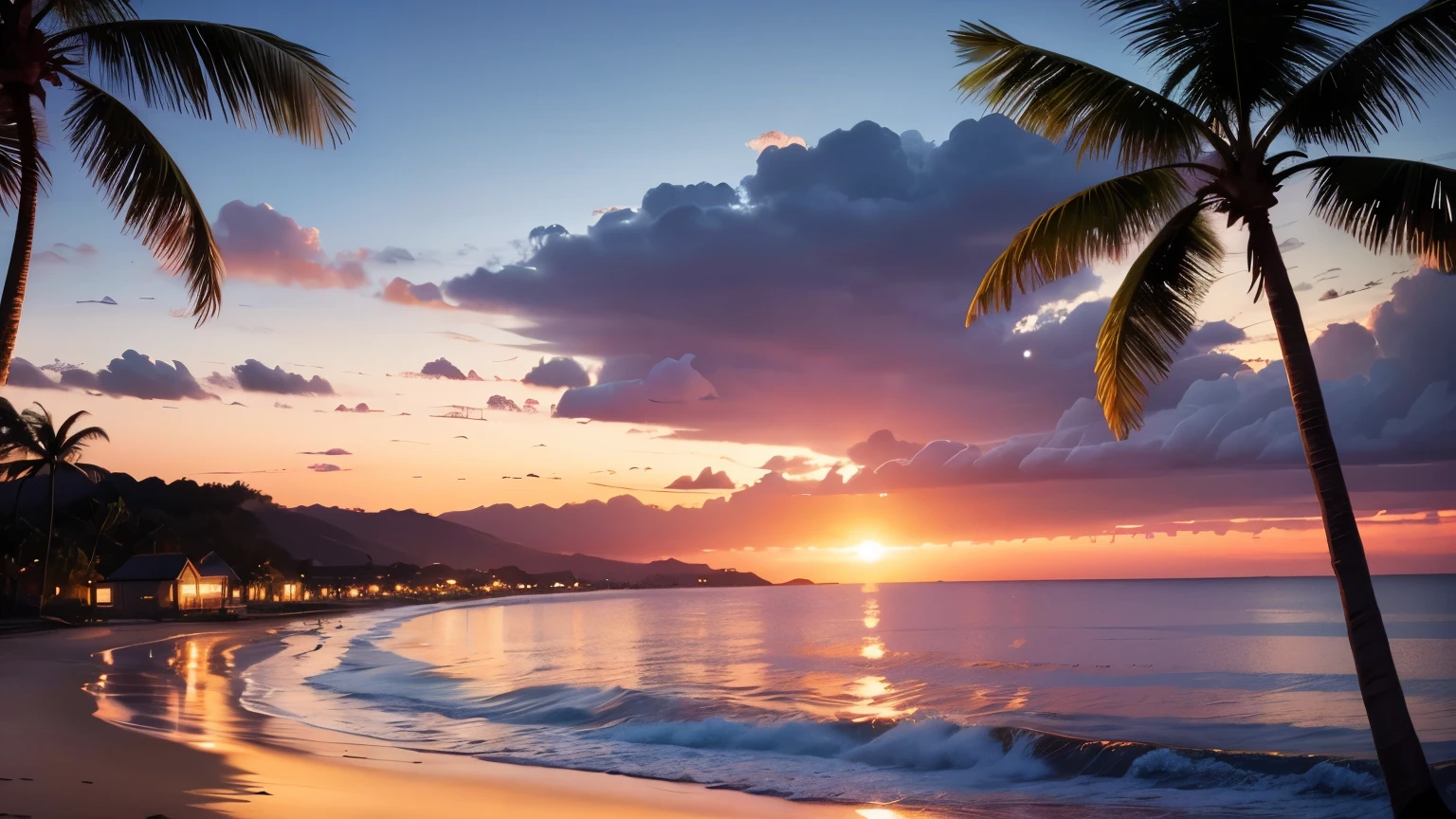 seaside, cottage, sunset, Nicaragua, Small boats, detailed, 8K HD, highest quality,超detailedな, figure,best shadow,masterpiece,High resolution,professional artwork,famous works of art, purple, lots of palm trees, Shadow of a palm tree