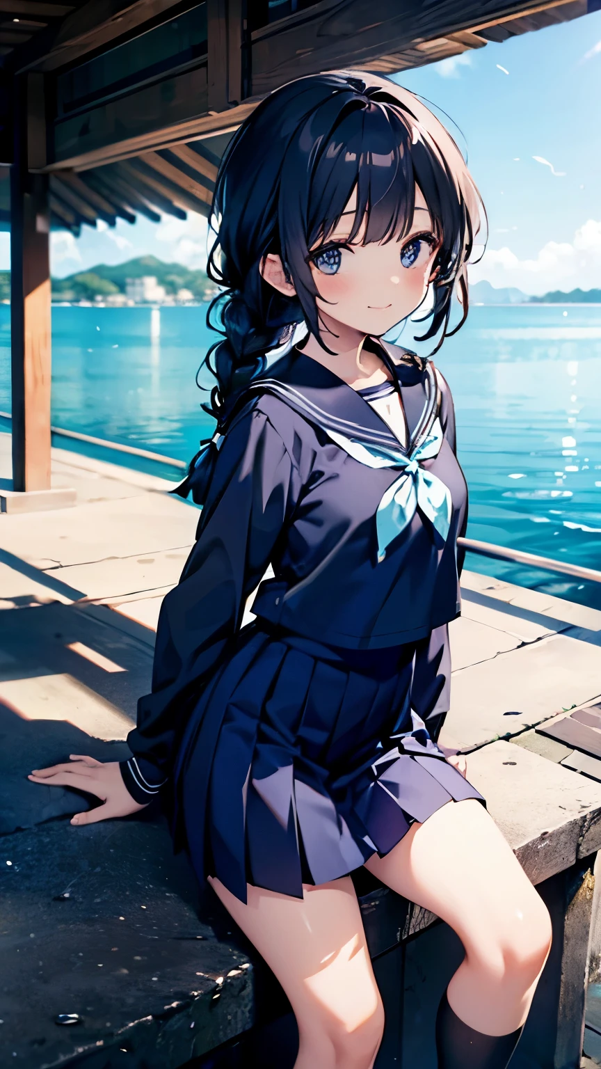 (masterpiece: 1.3), (highest quality:1.4), ultra high resolution, (fine eyes), (detailed facial features), (Detailed features of clothing), HDR, 8K resolution,  navy blue sailor uniform, High school girl in sailor suit, dark blue skirt, anime 2d rendering, smile, black hair, (((navy blue sailor uniform))), black stockings, (((school scenery))), (((small face))), braid hair, Tie your hair with a white ribbon, 1 rotation pose, Photographed from above the knees, 