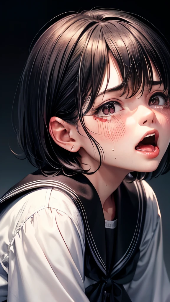 NSFW, (((Facial close-up image))), ((Front facing image)), ((masterpiece, sidelighting, finely detailed beautiful eyes: 1.2)), ultra-detailed, ultra high res, professional lighting, high quality makeup, beautiful detailed eyes, sexy, beautiful, big eyes, drooping eye, (1 Little japanese Girl:1.4), (Child:1.4), (:1.4), (Small body:1.4), (flat chest), (pre-schooler:1.4), (short black hair),(ponytail), (Forehead), ((children's clothing)), (blush), ((((Tears)))), (Face Focus), ((flat chest)), Authentic skin texture, beautiful hair, beautiful face, beautiful eyes, beautiful body, beautiful hands, (grab penis), (((((fellatio))))), ((((penis in mouth)))), (((1 boy))), (penis), ((POV)), ((((From above)))), (((Sweat))), steam, (penis focus), (((fellatio face focus))), (headpat), (((headgrab)))