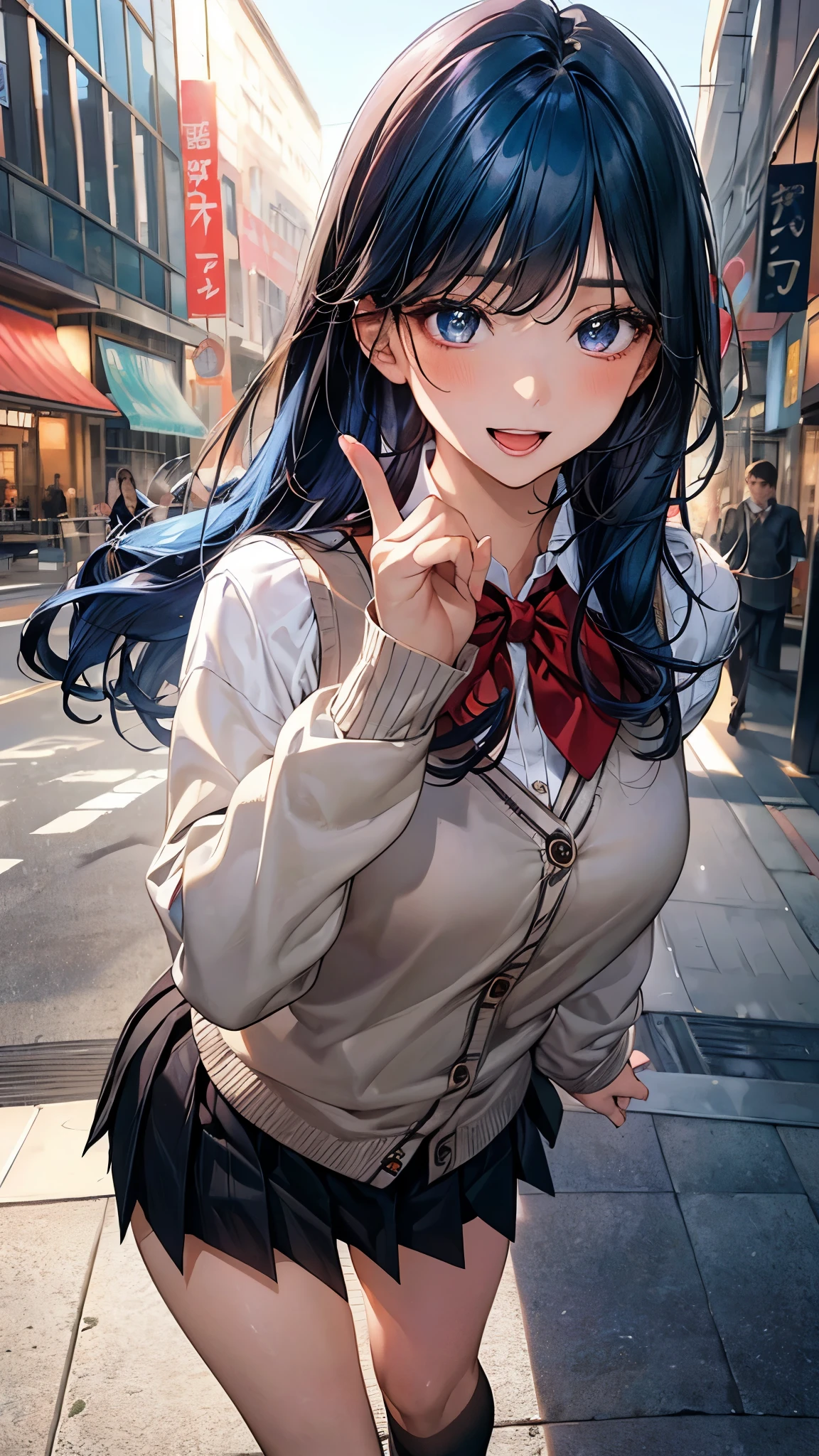 (masterpiece:1.2, top-quality), (realistic, photorealistic:1.4), beautiful illustration, (natural side lighting, movie lighting), ,
(looking at viewer), 1 girl, japanese, high school girl, perfect face, cute and symmetrical face, shiny skin, skinny,
(long hair, straight hair, blue hair), swept bangs, light blue eyes, drooping eyes, long eye lasher, (large breasts:0.6), five fingers,
beautiful hair, beautiful face, beautiful detailed eyes, beautiful clavicle, beautiful body, beautiful chest, beautiful thighs, beautiful legs,
((symmetrical clothing, red collared shirts, black pleated skirt, red neck bow tie)), light grey cardigan, navy socks,
(beautiful scenery), day time, shopping mall, (lovely smile, upper eyes, open mouth, sexy pose),