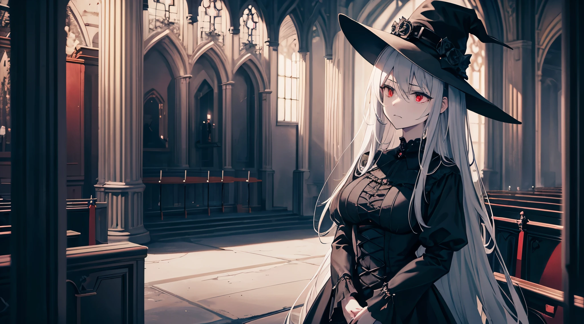 gothic、total darkness、black dress、dark、inside a church、wear a big black hat、Fluffy expression、Cheek cane、Luxurious chairs、hatred、grudge、red eyes、hatred、despair、unhappy expression