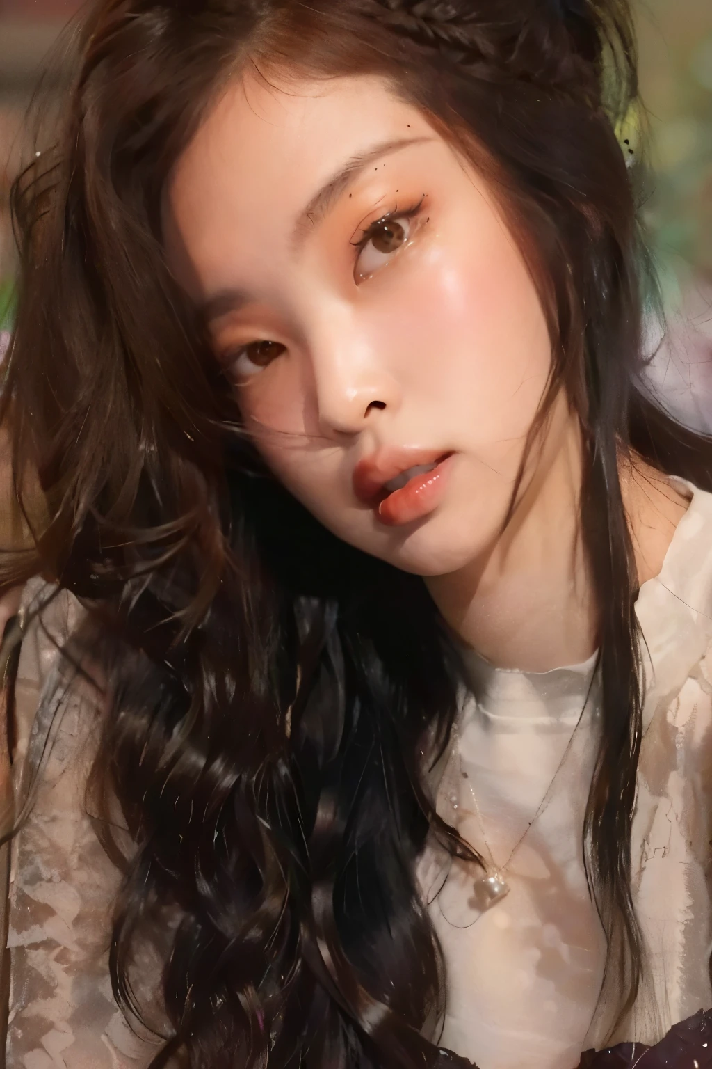 there is a woman with long Encaracolado hair posing for a picture, Encaracolado haired, messy Encaracolado hair, sem maquiagem cabelos ondulados, long messy Encaracolado hair, Encaracolado hair, Encaracolado dark hair, Encaracolado, with long Encaracolado hair, brown Encaracolado hair, Encaracolado brown hair, long dark Encaracolado hair, seu rosto emoldurado por cachos, Retrato de Sophie Mudd, with long Encaracolado jennie, jennie Kim, Blackpink , Jennie Blackpink