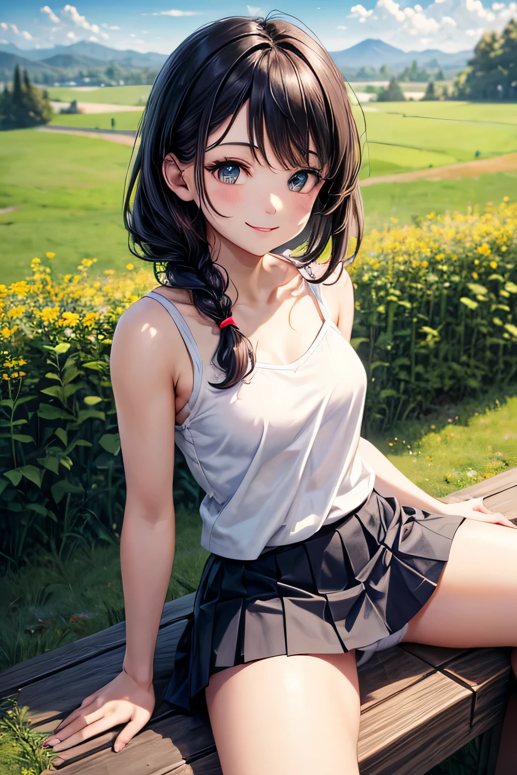 very cute and beautiful girl,(very detailed美しい顔と目:1.2), white camisole,sitting,spread your legs,(white panties) break (smile),Happy,looking at the viewer,(blue pleated mini skirt:1.2), rural area,grassland,top of the hill,small colorful flowers,wooden fence,detailed landscape,black hair,twin blade, (highest quality,masterpiece:1.2),disorganized,High resolution,super detailed,very detailed,32K,8K resolution, intricate details,movie-like scene,detailed background,alone,dynamic angle,beautiful and detailed sky,