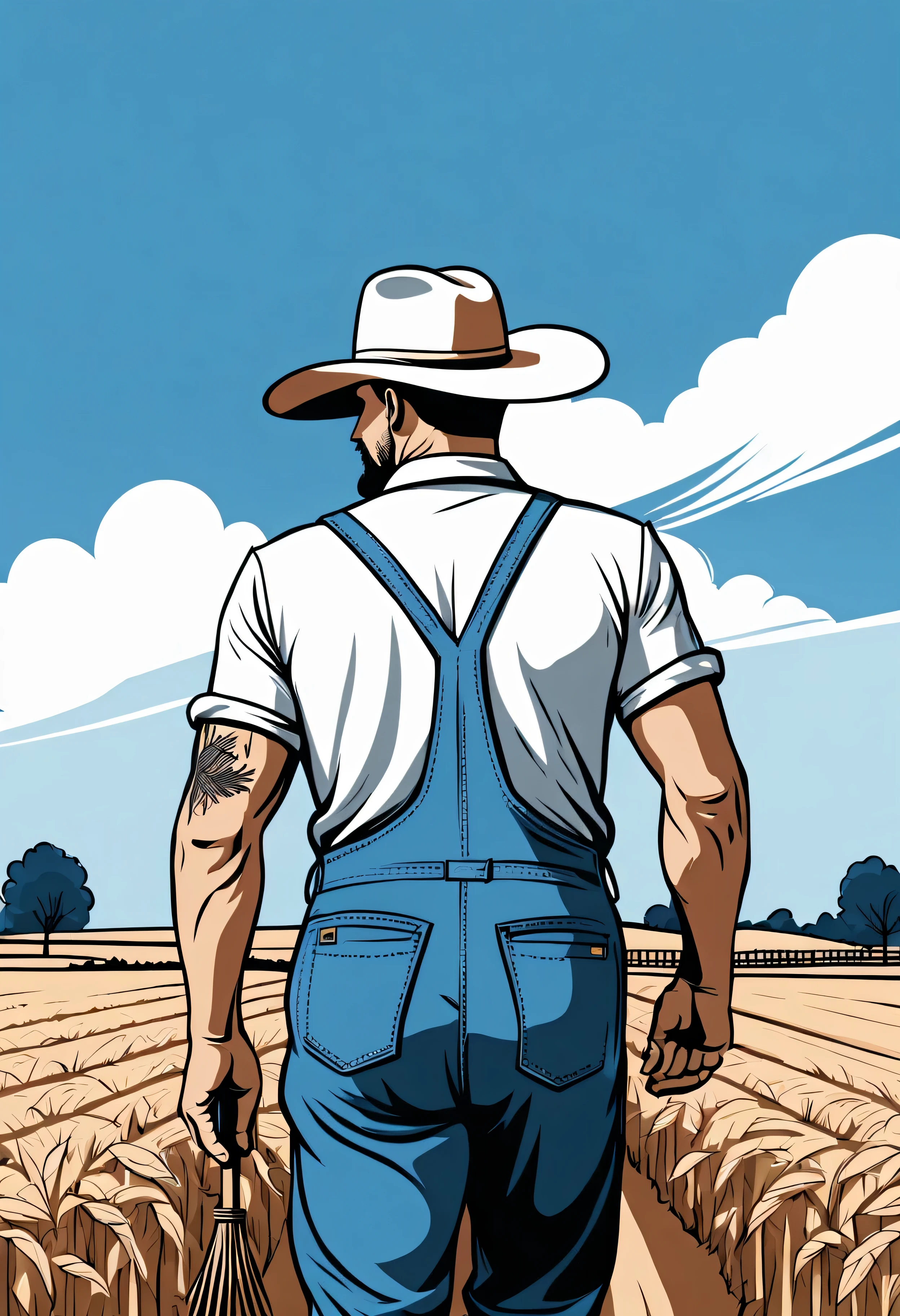 line art drawing Tattoo artwork grain farmer, blue sky, professional, sleek, modern, minimalist, graphic, line art, vector graphics