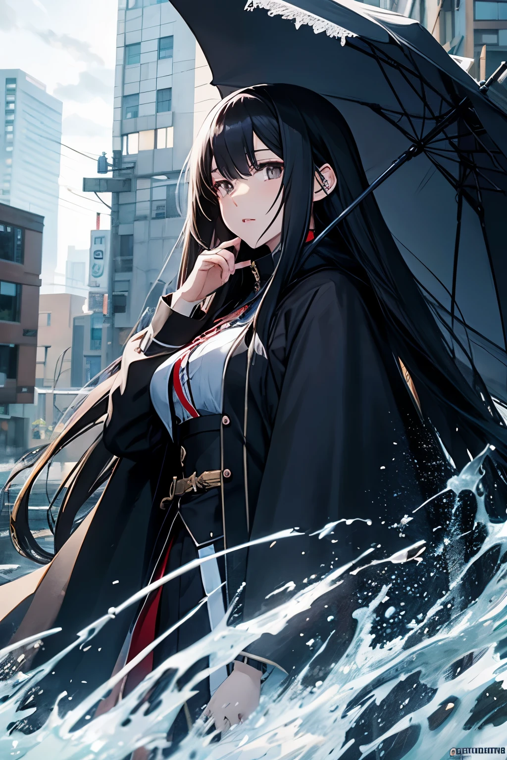 Anime girl with long black hair standing in the rain, Portrait of Jin Homura, pixiv contest winners, realism, Exquisite details. girls frontline, Hanayama Minamata, from girls frontline, girls frontline style, girls frontline cg, from the night of the ark, Wearing a long haired cloak, anime long hair girl, Detailed anime character art, Detailed digital animation art