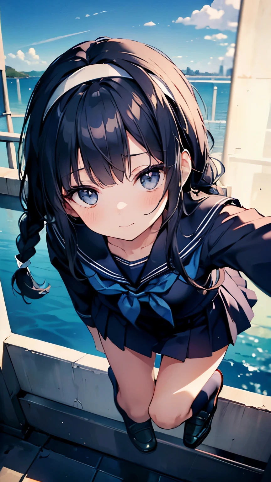 (masterpiece: 1.3), (highest quality:1.4), ultra high resolution, (fine eyes), (detailed facial features), (Detailed features of clothing), HDR, 8K resolution,  navy blue sailor uniform, High school girl in sailor suit, dark blue skirt, anime 2d rendering, smile, black hair, (((navy blue sailor uniform))), black stockings, (((school scenery))), (((small face))), ((White headband)), braid hair, 1 rotation pose, Photographed from above the knees, 