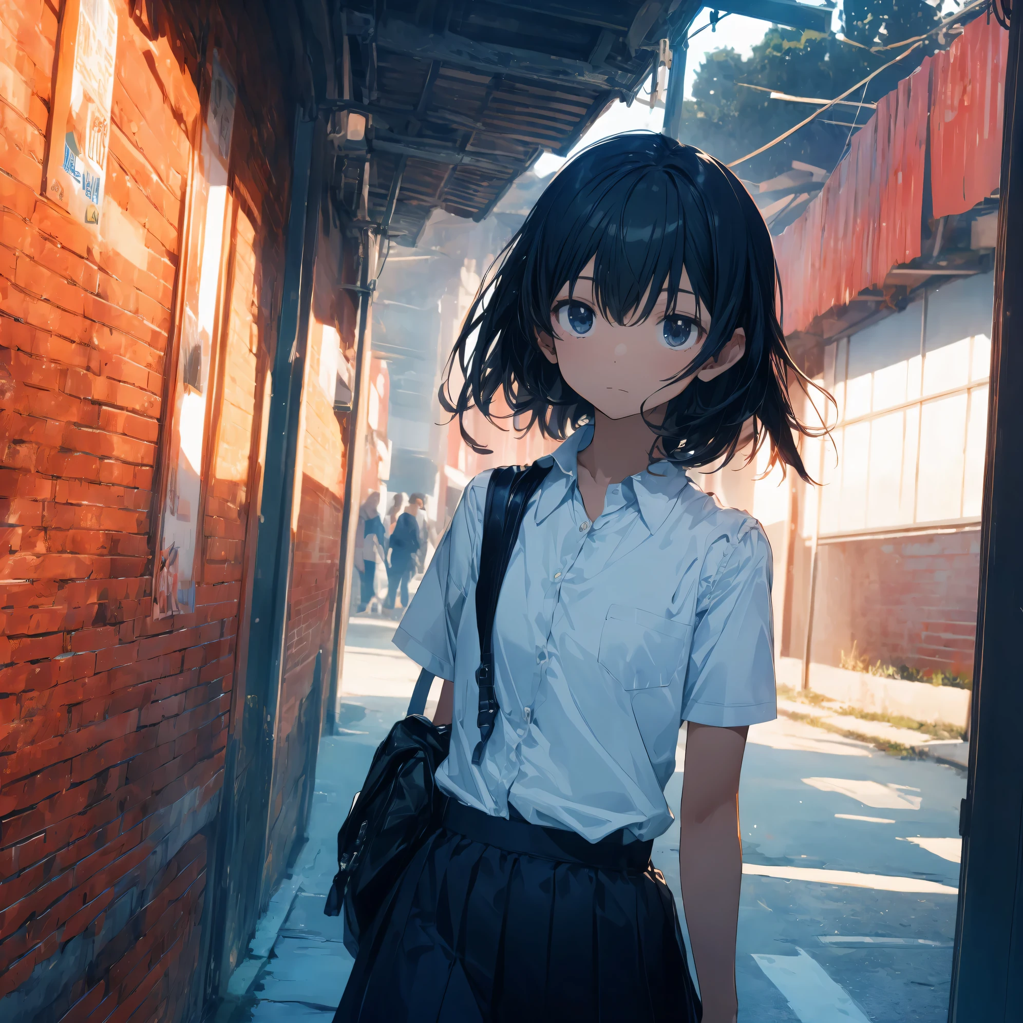 Super high quality by the art god, super detailed, High resolution, Shinkai Makoto style, anime moe art style, best anime 8K konachan wallpaper, pixiv contest winner, perfect ???????, break,(眠そうにalone学校へ行く女の子を描いてください. ),break, surreal high school girl, (alone,lolita, , 13 years old:1.3),All limbs, full finger,, androgynous charm, (very short hair), messy hair, flat chest, , small ass, between legs, Small black eyes,hanme,beautiful and fine eyes, Well-proportioned iris and pupils, disgusted eyes, High resolutionの詳細な髪, wearing school uniform, (skirt), On the way to school. break,super dense skin, Best lighting by famous artists, 8K,  figure,UHD, rough skin
