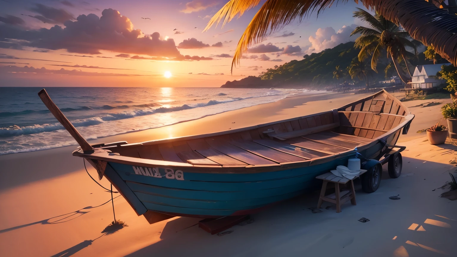 Seaside, Cottage, Sunset, Nicaragua, Small Boat, Details, 8K HD, Best Quality, Super Detailed, Illustration, Best Shadows, Masterpiece, High Resolution, Professional Artwork, Famous Artworks, Purple, Palm Trees Lots of palm tree shadows