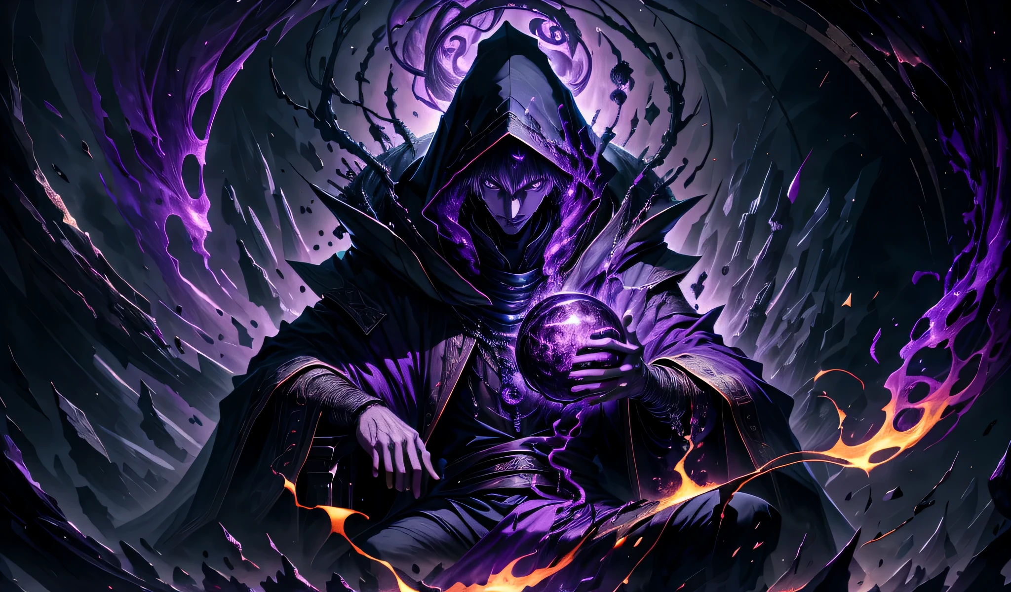 (absurdos, high resolution, ultra detallado, HDR), obra maestra, Mejor calidad, masculino wizard sitting on a iron throne, con mirada arrogante, Solo, Mago oscuro, masculino, capa con capucha negra, capa negra, black wizard robe , Adornos de plata, masculino body, pelo negro, elegante, ojos morados, ojos brillantes, bata negra, cara arrogante, cuerpo completo, magic vortex, Chispa - chispear, remolino, black and purple aura, dark purple cloudy sky, abismo, Resumen de antecedentes, desde el lado, Buscar, sonrisa maligna
